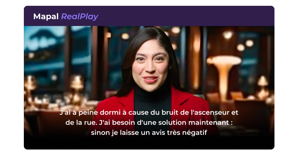 Une femme vêtue d'un blazer rouge prend la parole, avec en arrière-plan un décor flou qui ressemble à celui d'un restaurant. Le texte en français ci-dessous exprime une frustration face au bruit provenant de l'ascenseur et de la rue, exigeant une solution ou menaçant de laisser un avis négatif.