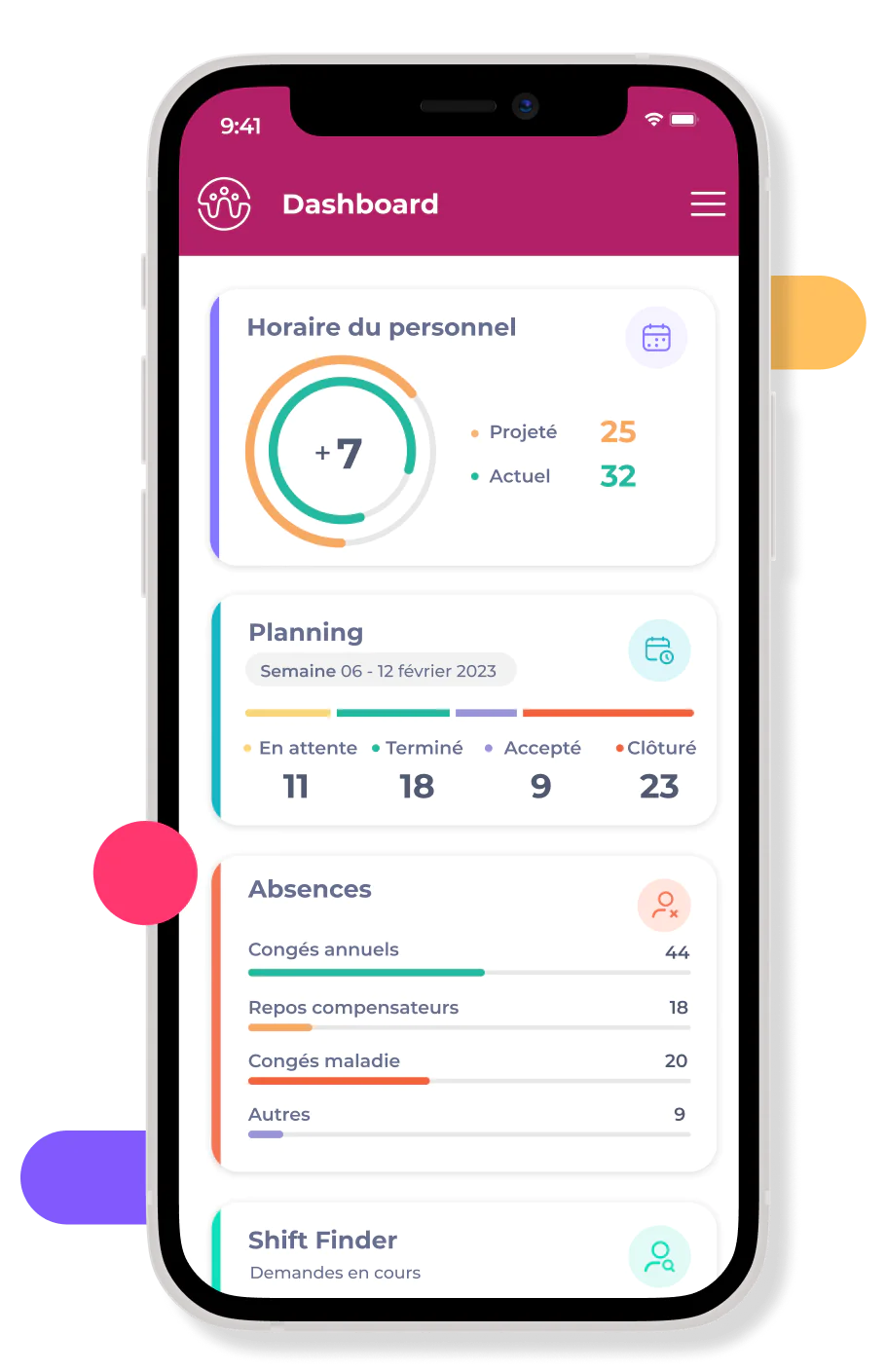 Un smartphone affiche une application de tableau de bord en français présentant les plannings du personnel, les statistiques de planification et les absences. Des graphiques circulaires et des barres de progression illustrent diverses données, le tout dans un design épuré et coloré.