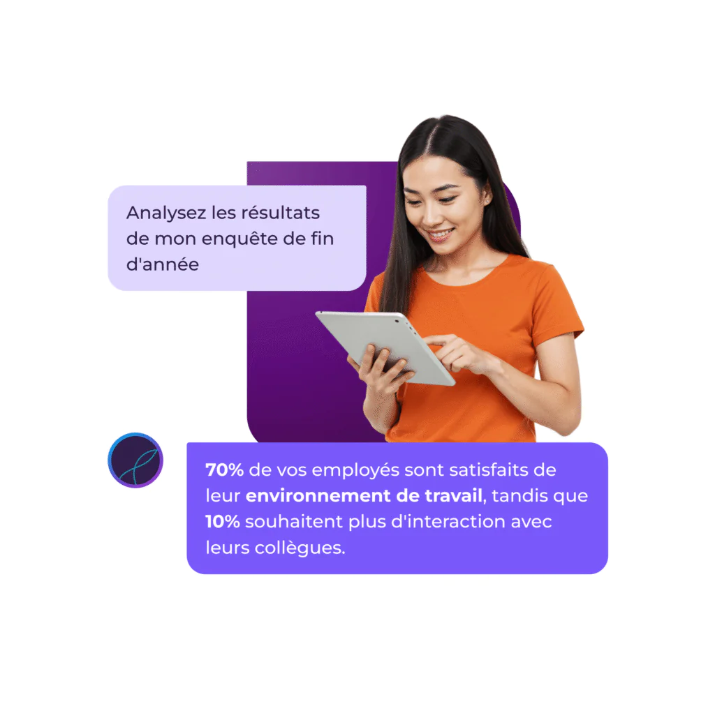 Une femme souriante, vêtue d'un t-shirt orange, utilise une tablette. Des bulles de dialogue affichent du texte en français présentant les résultats d'une enquête sur la satisfaction des employés et les interactions au travail.