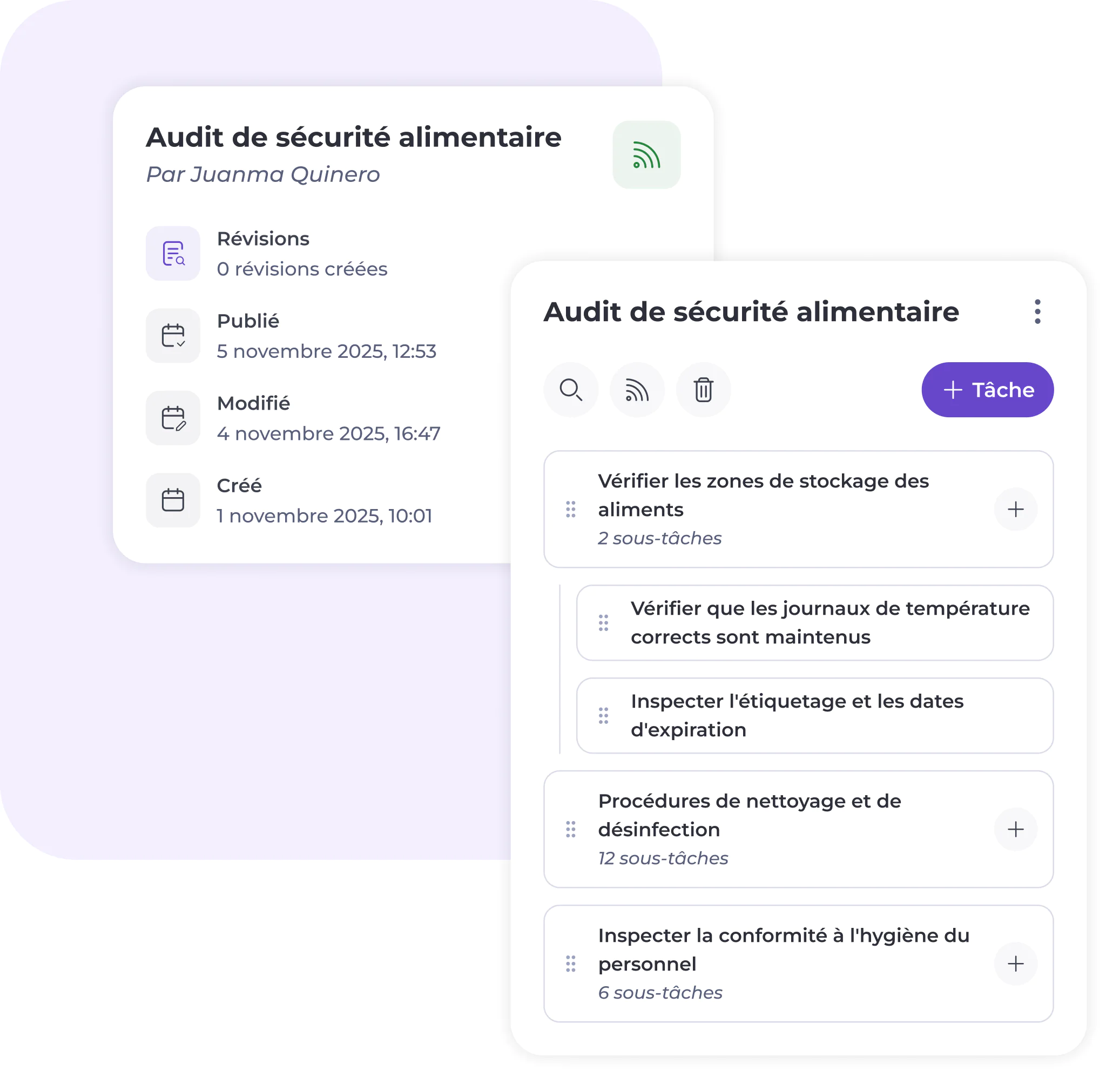 Capture d'écran d'une application d'audit de sécurité alimentaire en français, présentant les détails de l'audit : titre, auteur, statut et quatre tâches répertoriées, telles que l'inspection des locaux de stockage des denrées alimentaires, la vérification des registres de température et le contrôle de l'étiquetage et de l'hygiène.