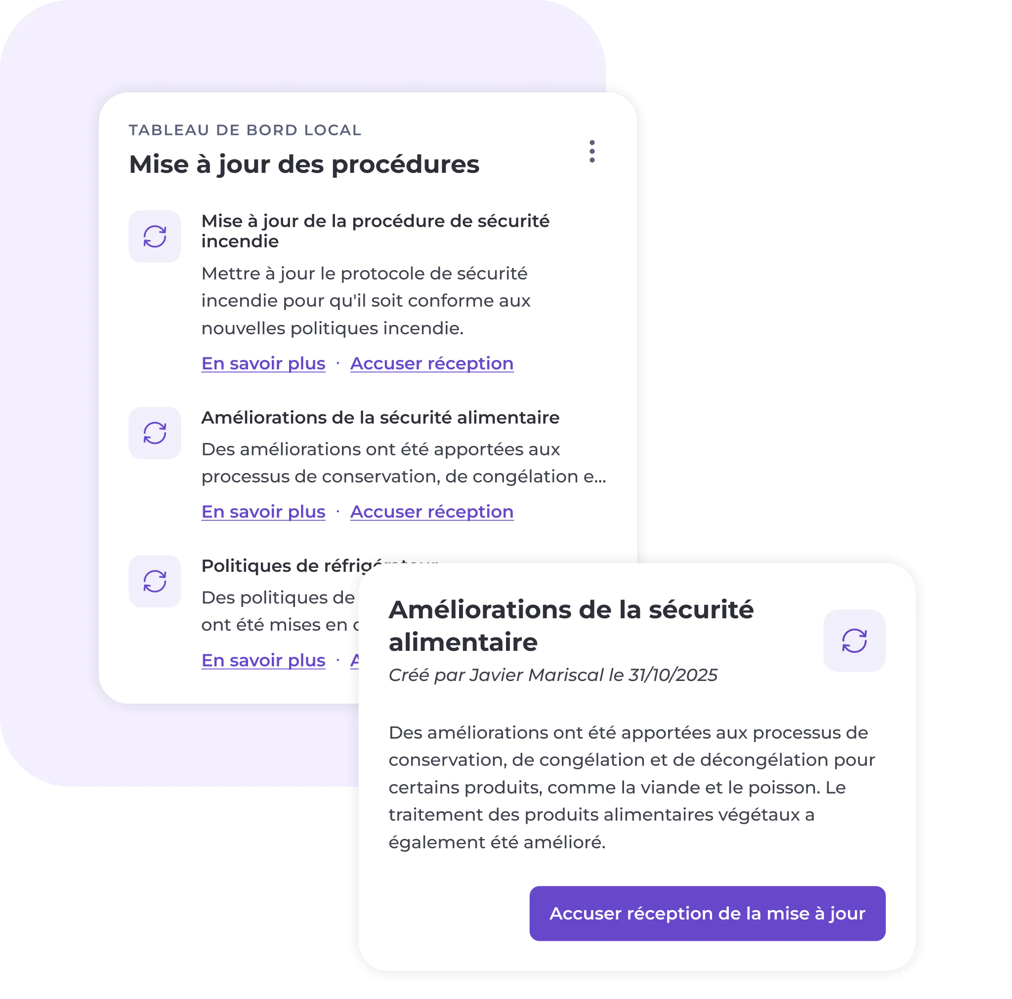 Une interface de tableau de bord en français affiche les mises à jour concernant les procédures de sécurité, notamment en matière d'incendie et de sécurité alimentaire, avec pour chaque mise à jour les options « En savoir plus » ou « Accuser réception ». Une mise à jour relative à la sécurité alimentaire est mise en évidence dans une fenêtre contextuelle.