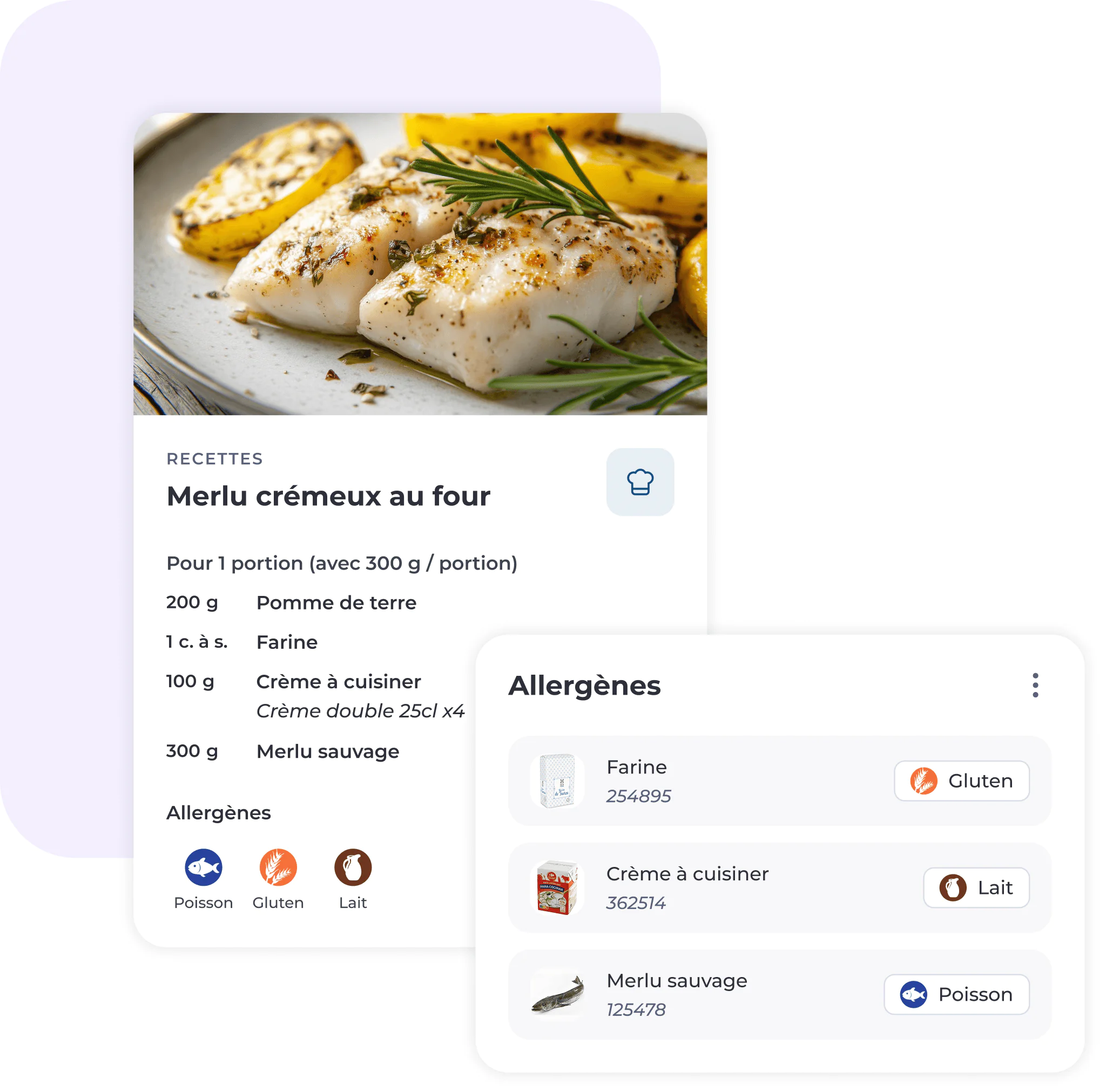 Une fiche recette pour un « Merlu crémeux au four », illustrée d'une photo représentant du poisson cuit au four, des pommes de terre et des herbes aromatiques. En dessous figurent les quantités des ingrédients et les icônes indiquant les allergènes. Un encadré distinct répertorie les allergènes : gluten, lait et poisson, accompagnés d'icônes et de chiffres.