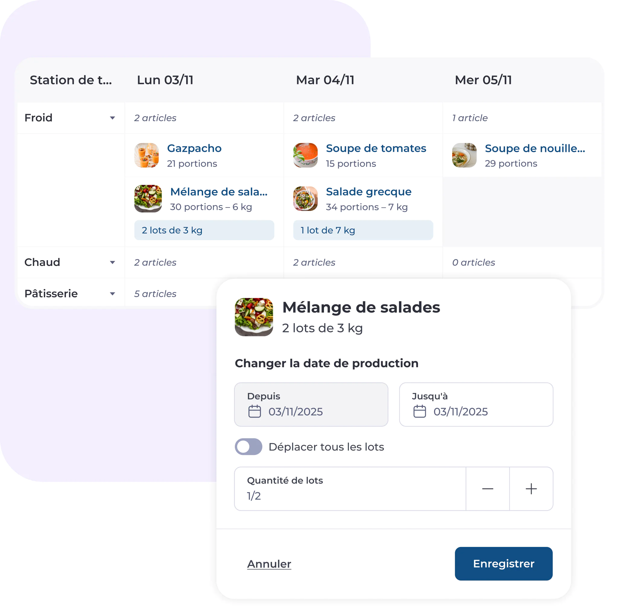 Une interface numérique de planification des repas affiche des plats tels que le gaspacho et la salade, avec l'indication des portions, ainsi qu'un menu contextuel permettant de modifier les lots de salade et les dates de production, avec des options pour ajuster les quantités et enregistrer les modifications.