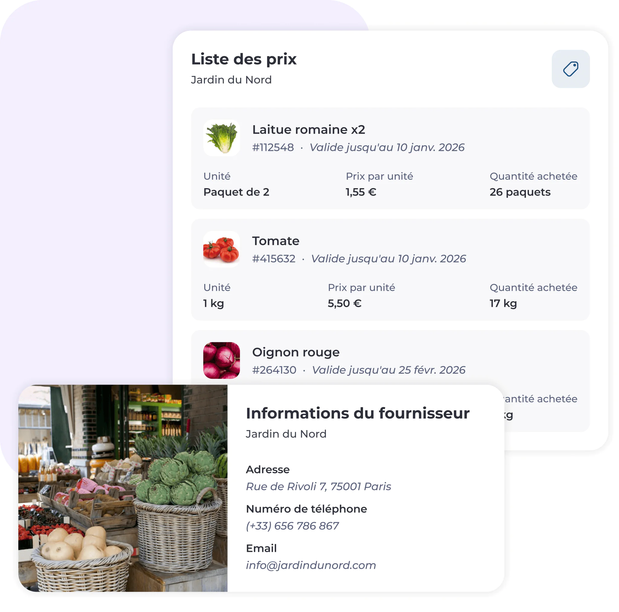 Une interface numérique affiche une liste de prix des légumes, avec des images, leurs noms, leurs prix et leurs dates de péremption, ainsi que des informations sur les fournisseurs et une photo de produits frais disposés dans des paniers sur un marché.