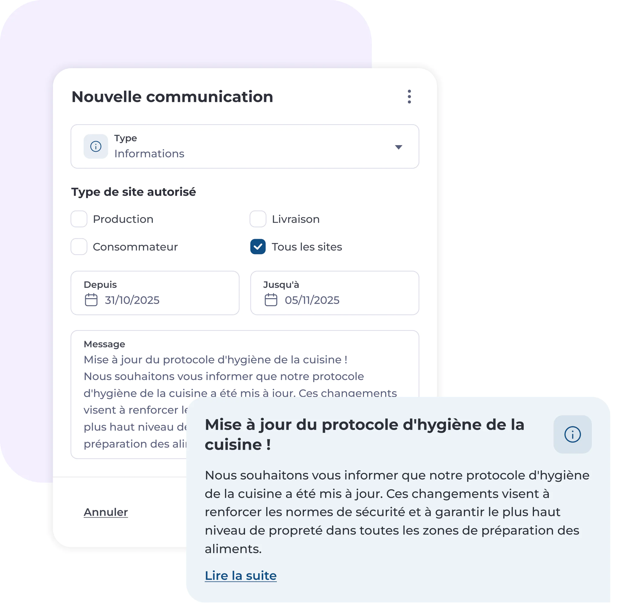 Un formulaire numérique intitulé « Nouvelle communication » comporte des champs relatifs au type de site, aux dates et à un message concernant une mise à jour du protocole d'hygiène en cuisine. Une bulle de message mise en évidence reprend cette mise à jour et comporte un lien « Lire la suite ».