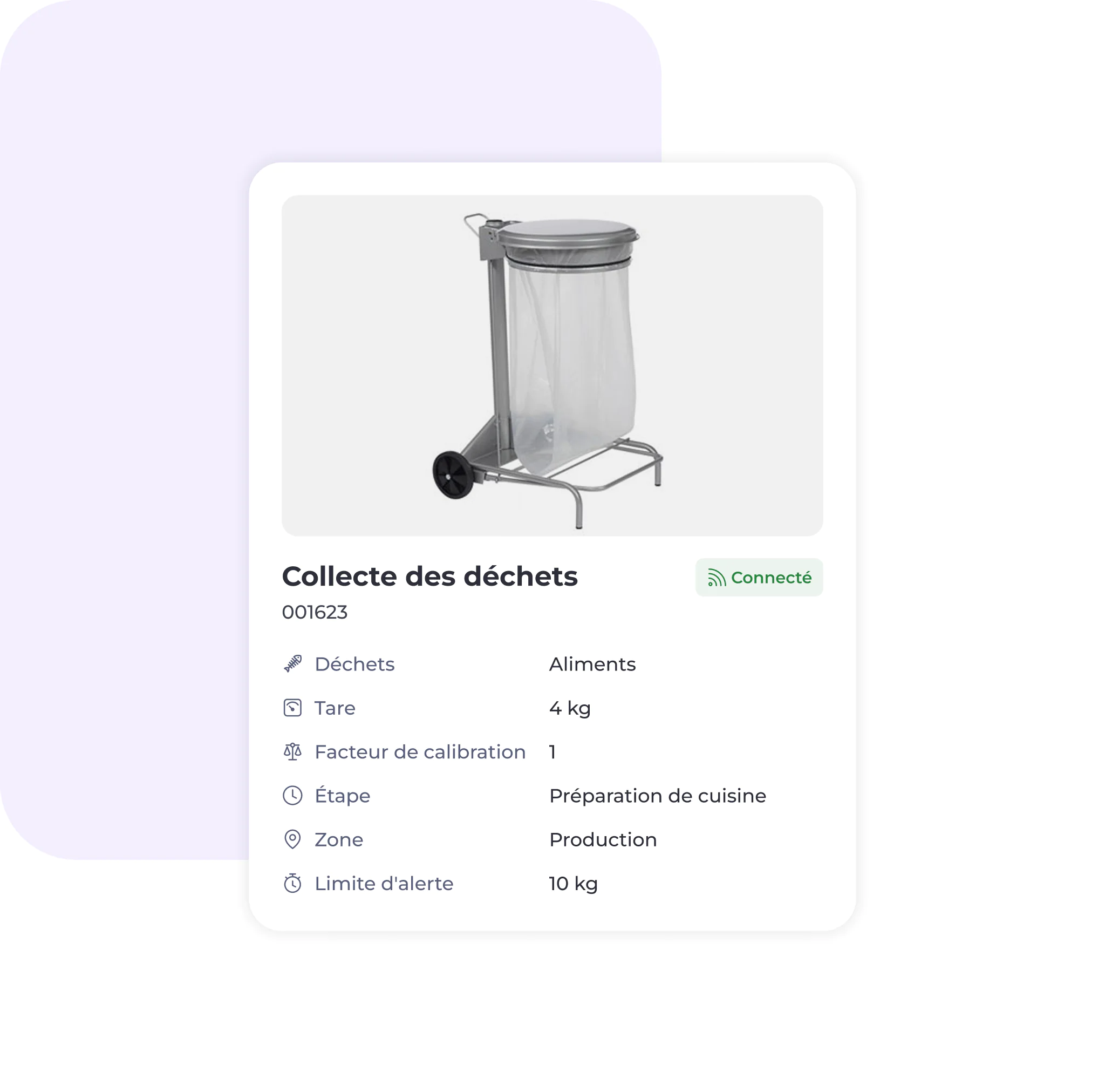 Une fiche numérique présente une poubelle pour déchets alimentaires montée sur roulettes. Le texte ci-dessous indique : le type de déchet (« aliments »), le poids à vide de 4 kg, le facteur d'étalonnage 1, l'étape (« préparation en cuisine »), la zone (« production ») et la limite d'alerte de 10 kg.