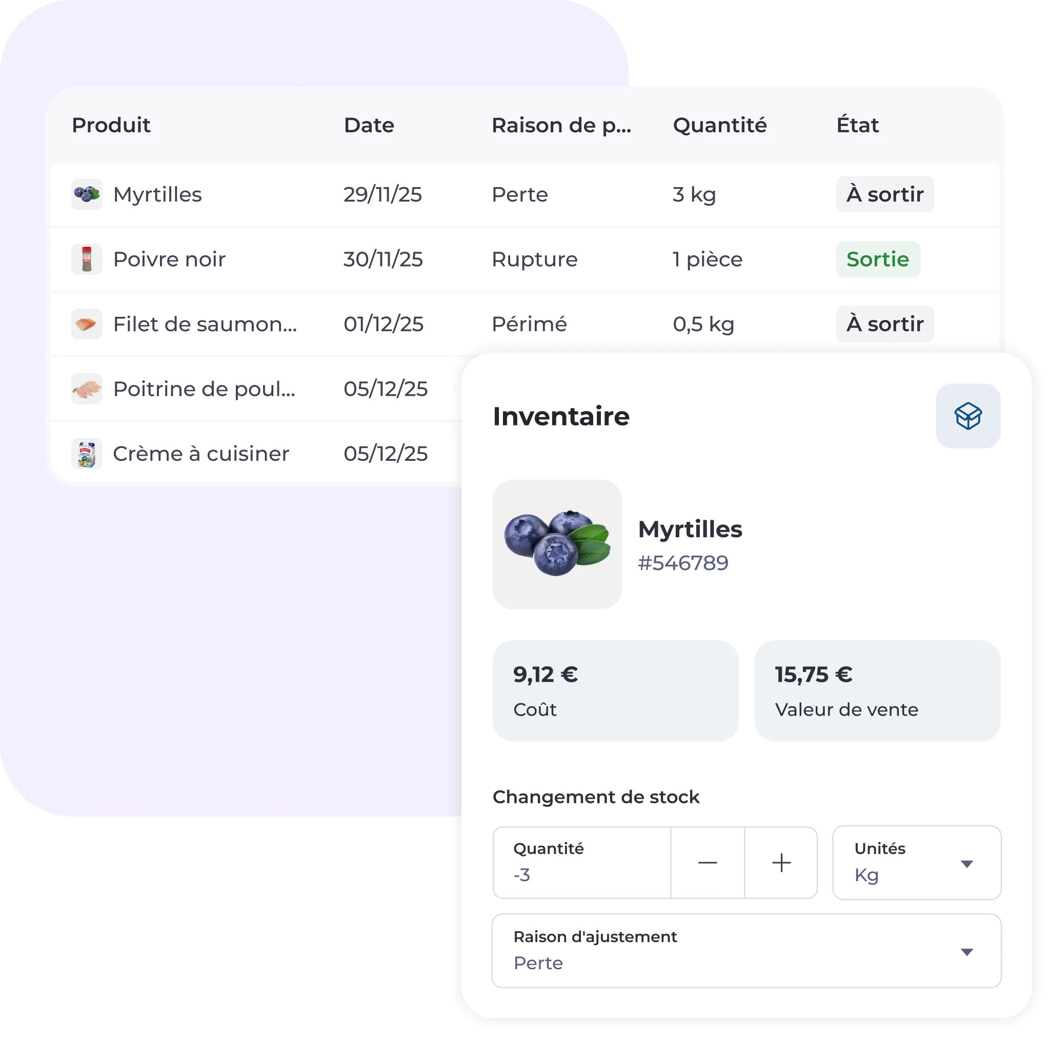Interface de gestion des stocks présentant un tableau des produits avec les articles, les dates, les motifs de variation des stocks, les quantités et les statuts. Une fenêtre contextuelle détaillée consacrée aux myrtilles affiche le coût, la valeur de vente et les options d'ajustement des stocks.