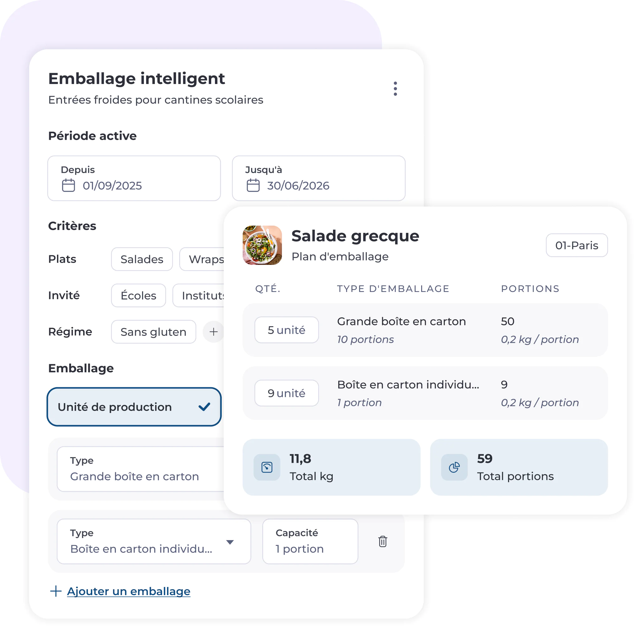 Interface d'une application française de planification des repas présentant des filtres pour les entrées froides de la cantine scolaire et les détails d'emballage de la « Salade grecque », avec indication des quantités, des types d'emballage, des poids et du nombre total de portions.