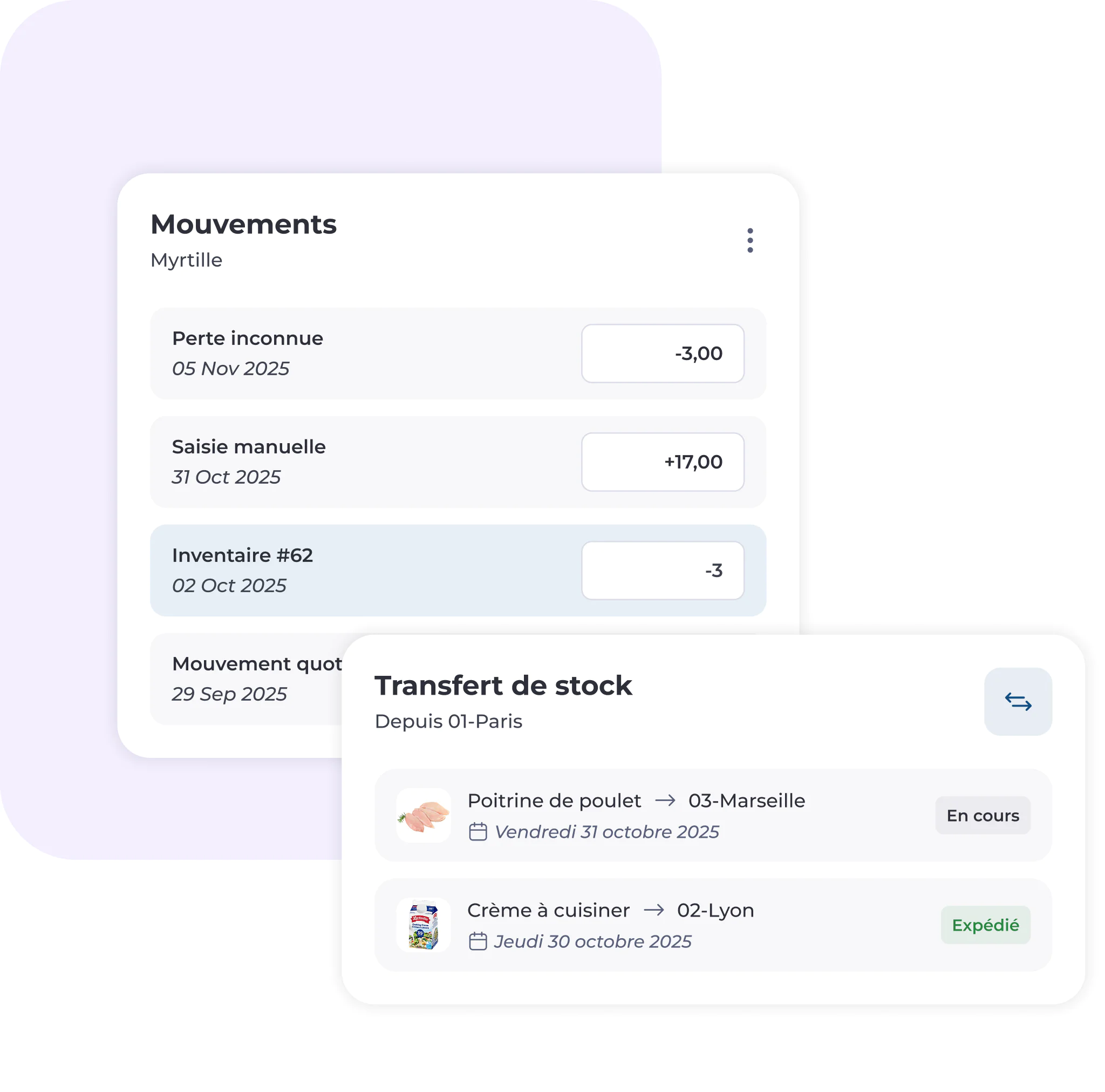 Un tableau de bord financier en français présente les mouvements concernant Myrtille, avec les dates des transactions, les montants et les statuts des transferts de stock pour différents produits alimentaires entre plusieurs villes, indiqués par les mentions « En cours » et « Expédié ».