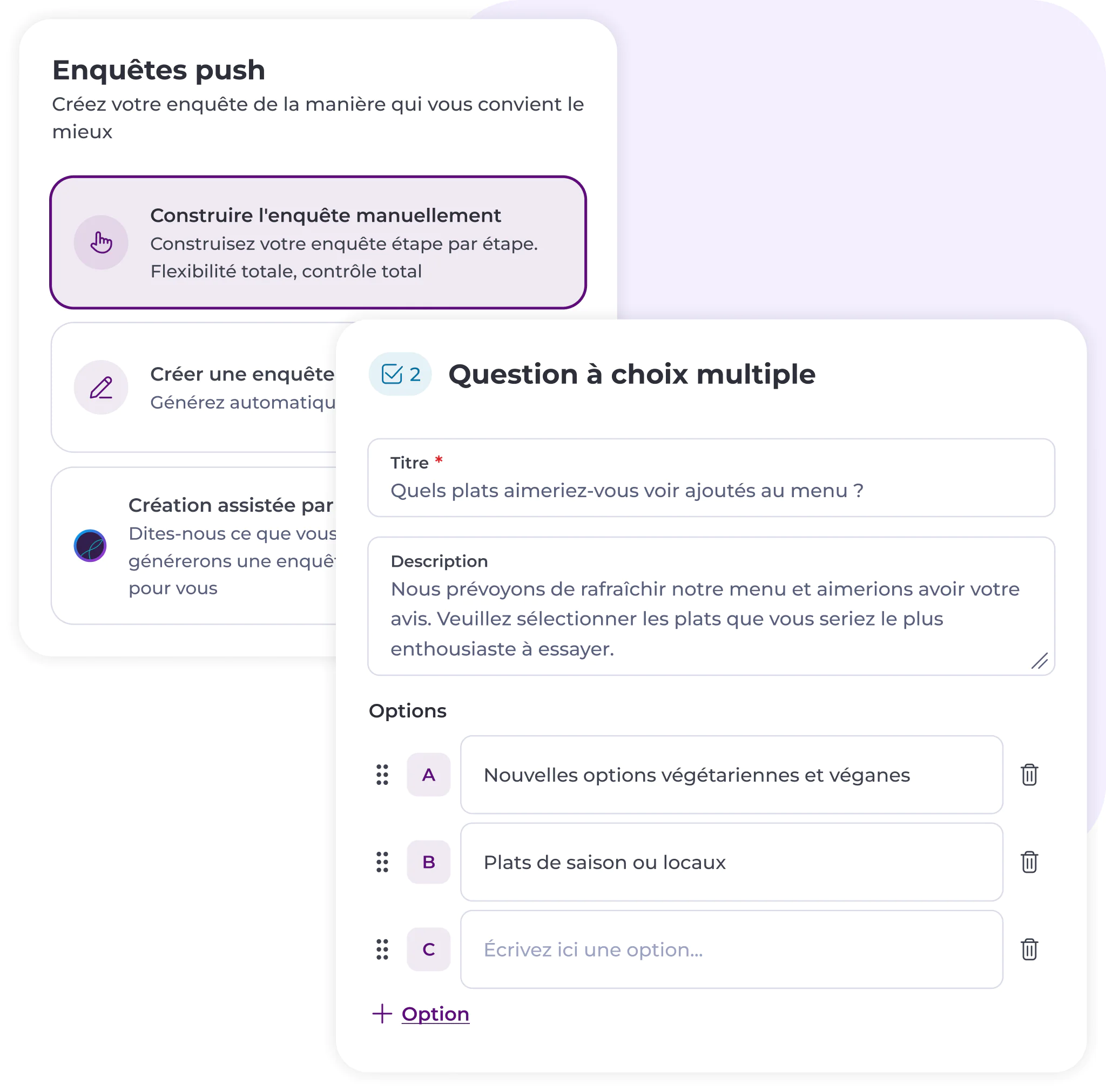Capture d'écran d'une interface de création de sondage en français, illustrant la configuration d'une question à choix multiples. L'utilisateur saisit une question concernant les nouveaux plats préférés à ajouter au menu, avec des options de réponse et un champ de description.