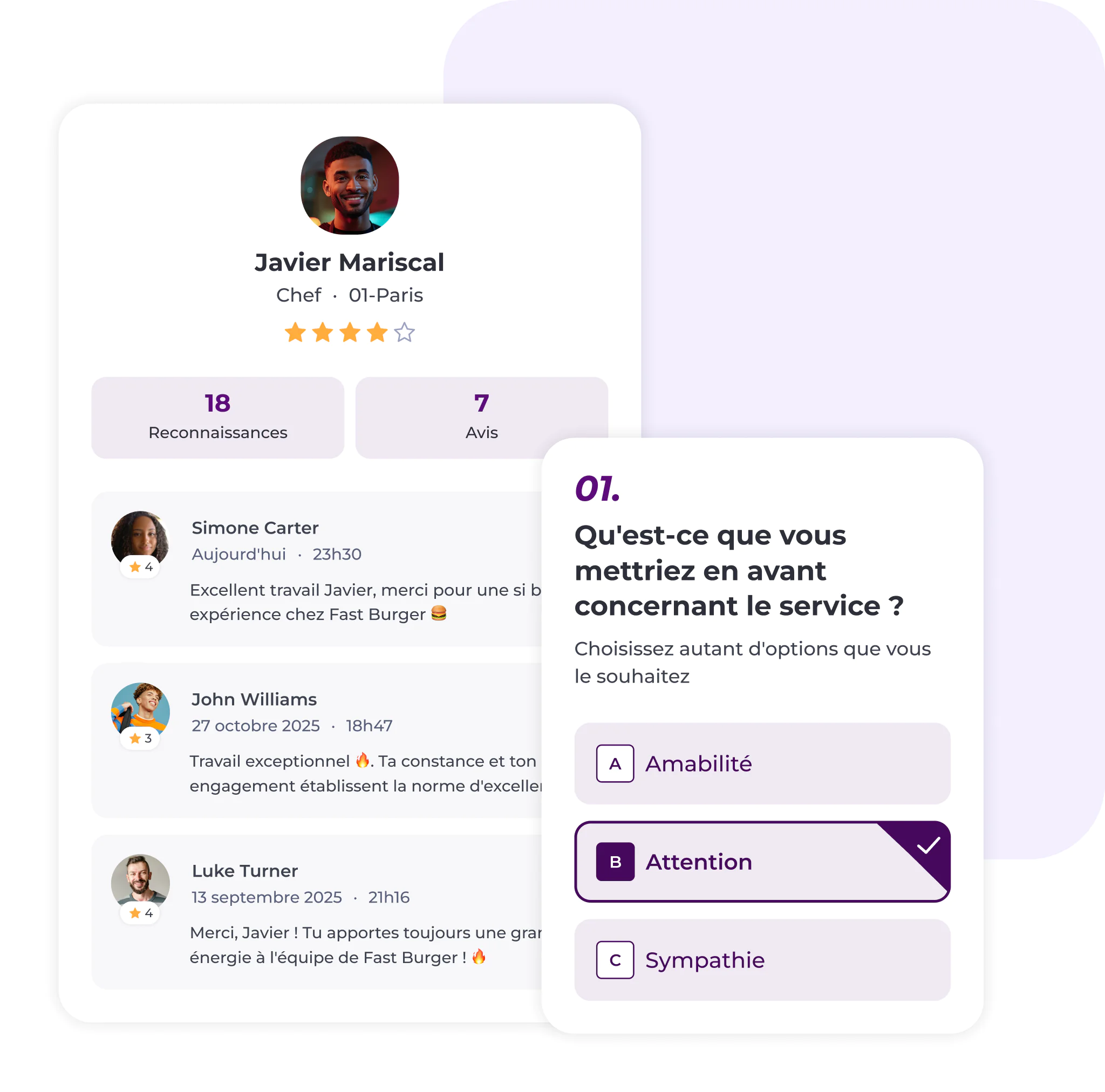 Une fiche de présentation du chef Javier Mariscal, indiquant les avis, l'adresse et le nombre d'étoiles, s'affiche à côté d'une question d'enquête portant sur le service, parmi les quatre options proposées, celle intitulée « Attention » étant sélectionnée.