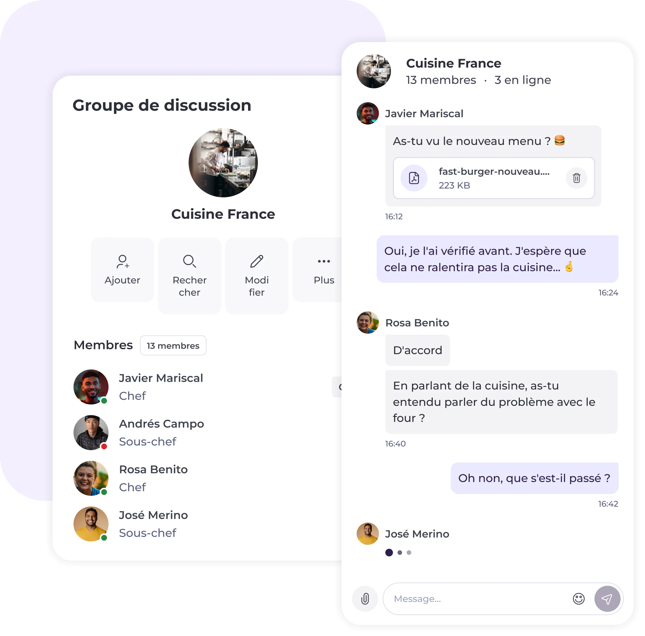 Une capture d'écran montre une discussion de groupe intitulée « Cuisine France », dans laquelle les membres discutent d'un menu et d'un problème de four. L'interface affiche les rôles des membres, leurs photos de profil et une discussion avec des bulles de message en français.