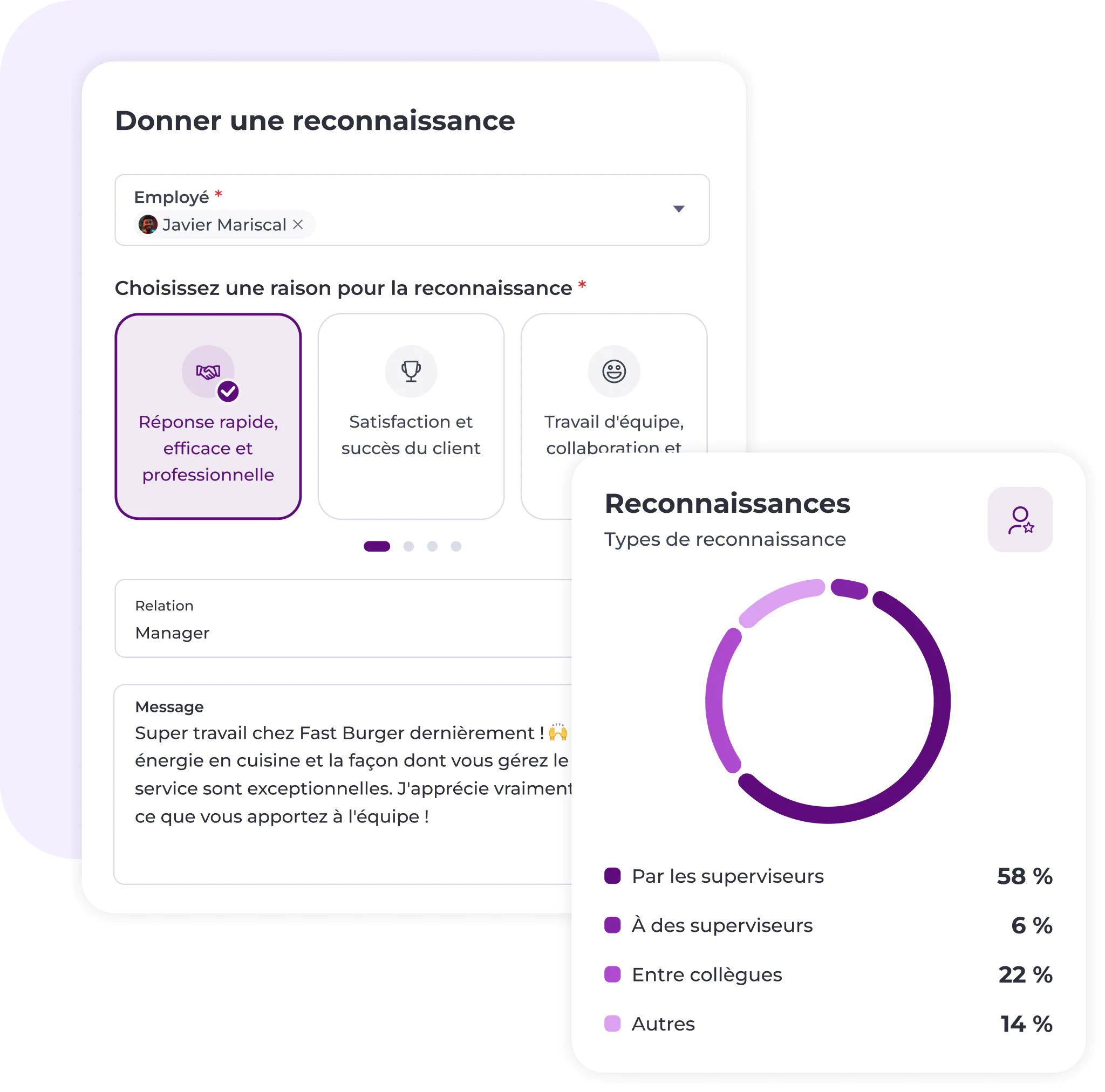 Un tableau de bord dédié à la reconnaissance, en français, présente les options permettant de féliciter un salarié, les motifs de reconnaissance, une zone de message ainsi qu'un graphique circulaire indiquant les pourcentages par type de reconnaissance : supérieurs hiérarchiques, collègues, autres.