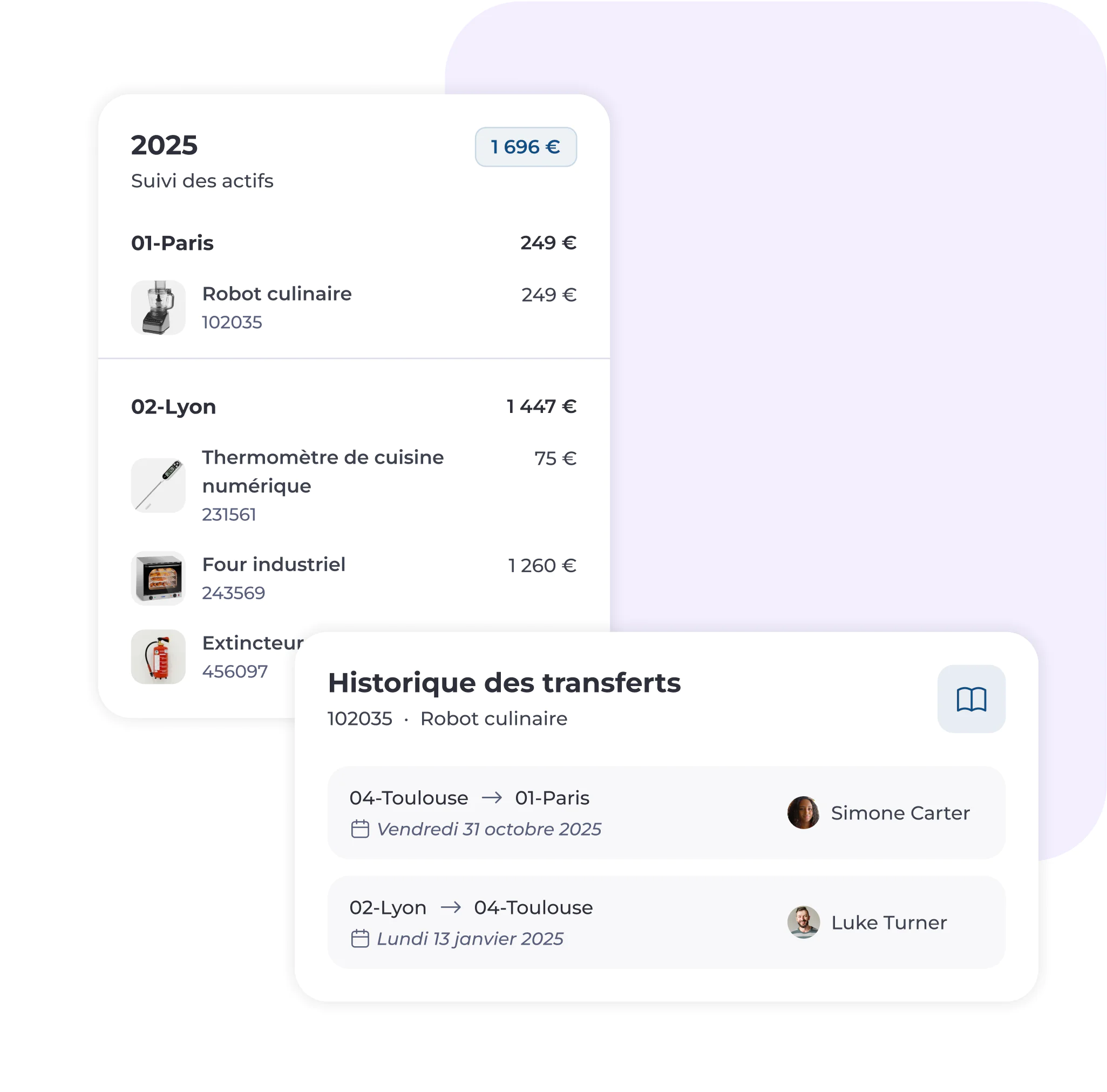 Une interface numérique affiche l'historique de suivi et de transfert des biens, avec les noms des lieux, la liste des articles, les prix, les dates de transfert et les icônes de profil des utilisateurs Simone Carter et Luke Turner. Le texte est en français.