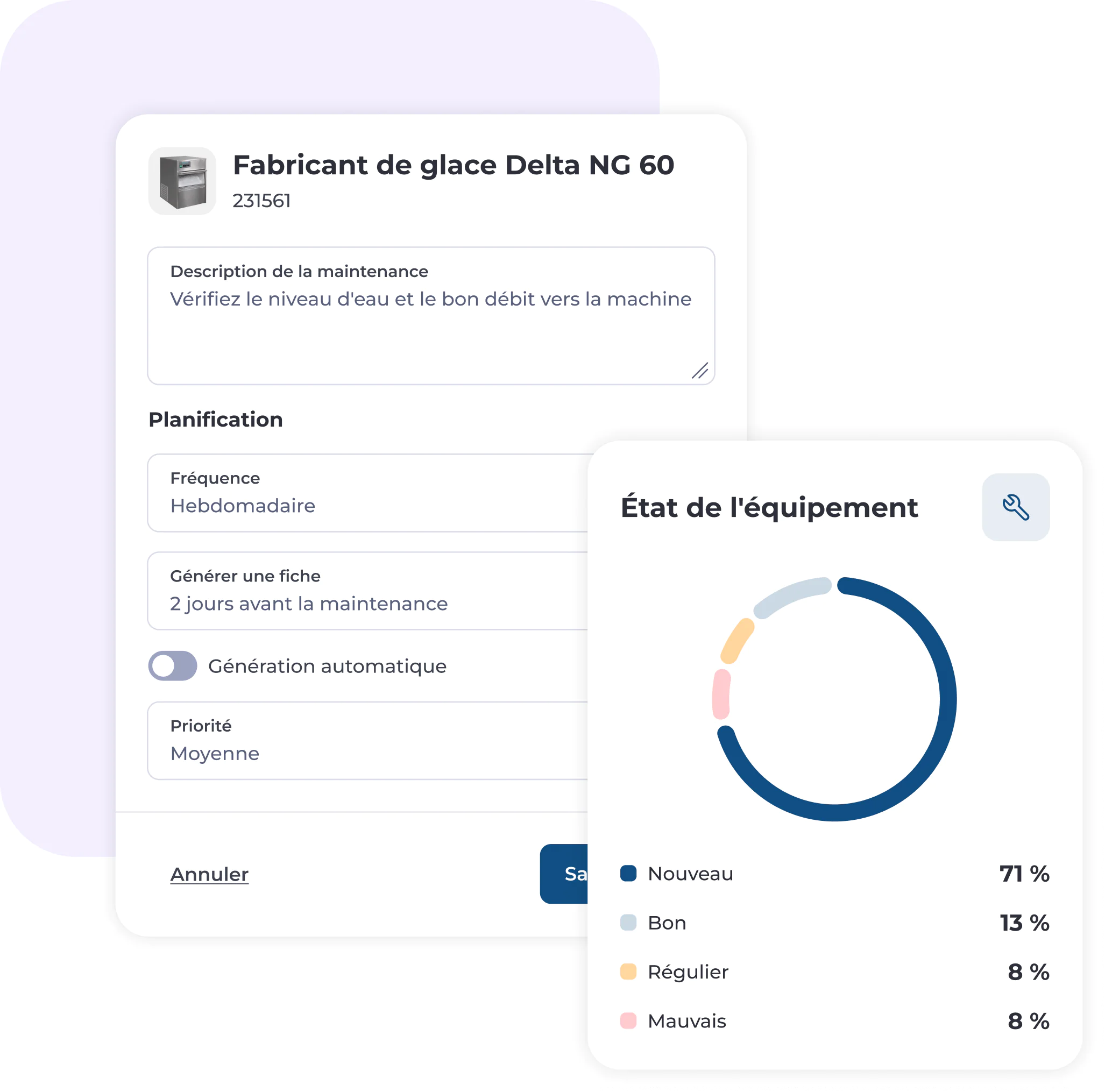 Un tableau de bord affiche les détails de la maintenance d'une machine à glaçons, notamment la description des tâches, leur fréquence et leur priorité. À côté, un graphique en anneau indique l'état des équipements : 71 % neufs, 13 % en bon état, 8 % en état moyen et 8 % en mauvais état.