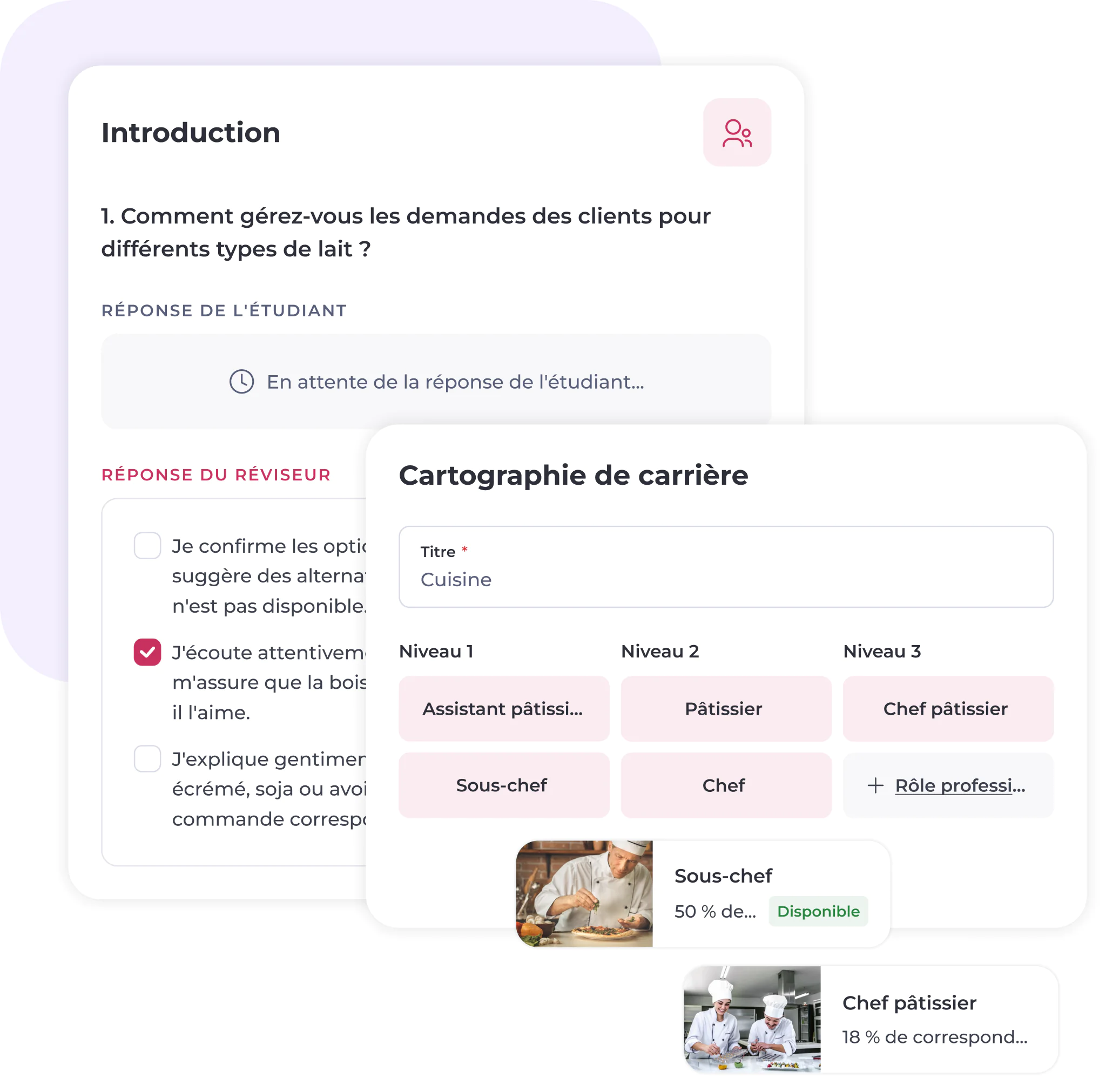 Une interface utilisateur en français présente une question concernant la gestion des demandes relatives à différents types de lait, les commentaires des évaluateurs, ainsi qu'une section consacrée aux perspectives de carrière avec des postes en cuisine tels que « sous-chef » et « pâtissier », accompagnés d'indicateurs de statut et d'images.