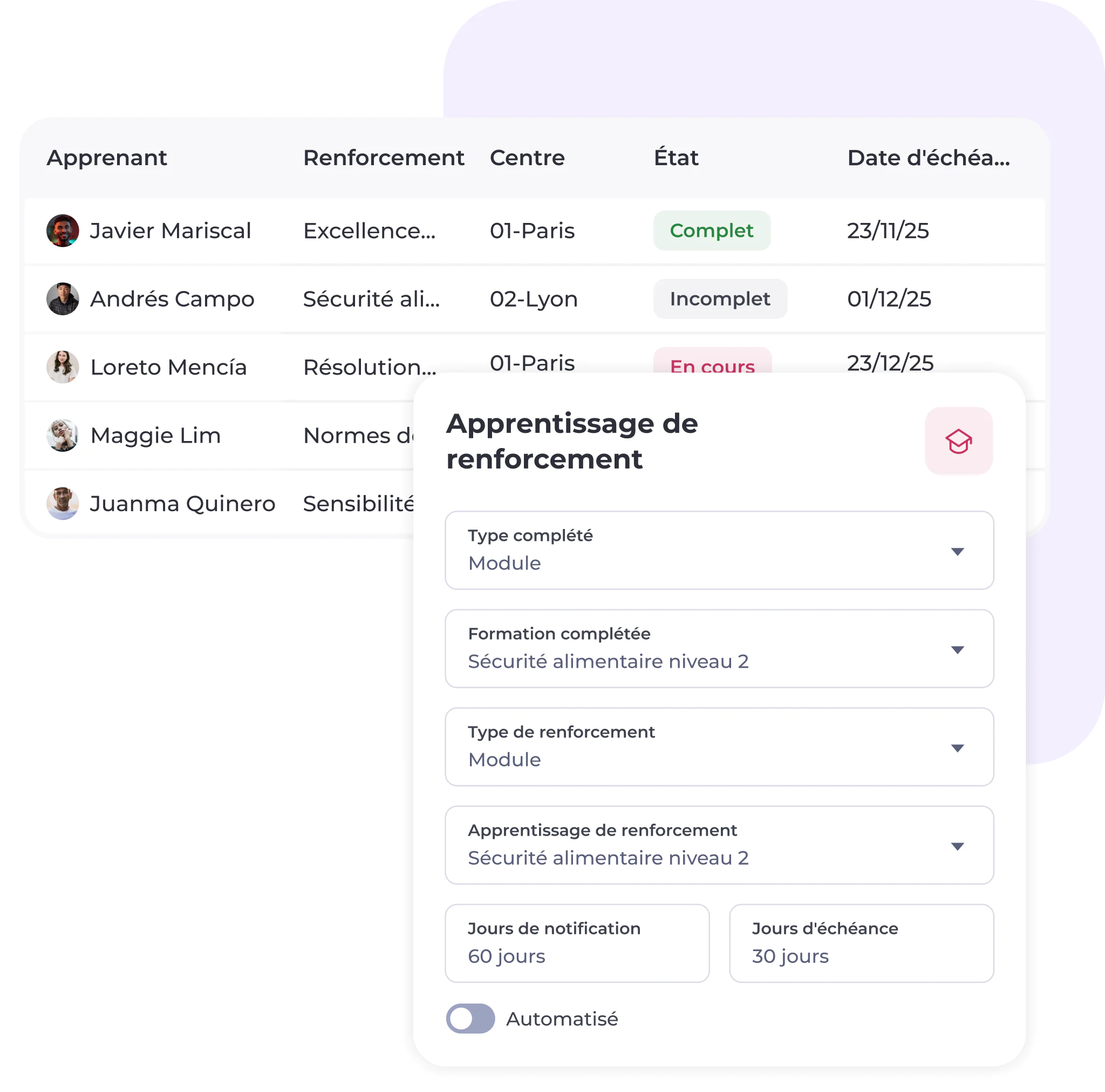 Un tableau de bord affiche la liste des apprenants avec leur statut de renforcement, leur lieu et leur date d'échéance. Un panneau de paramètres ouvert présente les options relatives au type de module, à l'achèvement, au type de renforcement et au nombre de jours de notification.