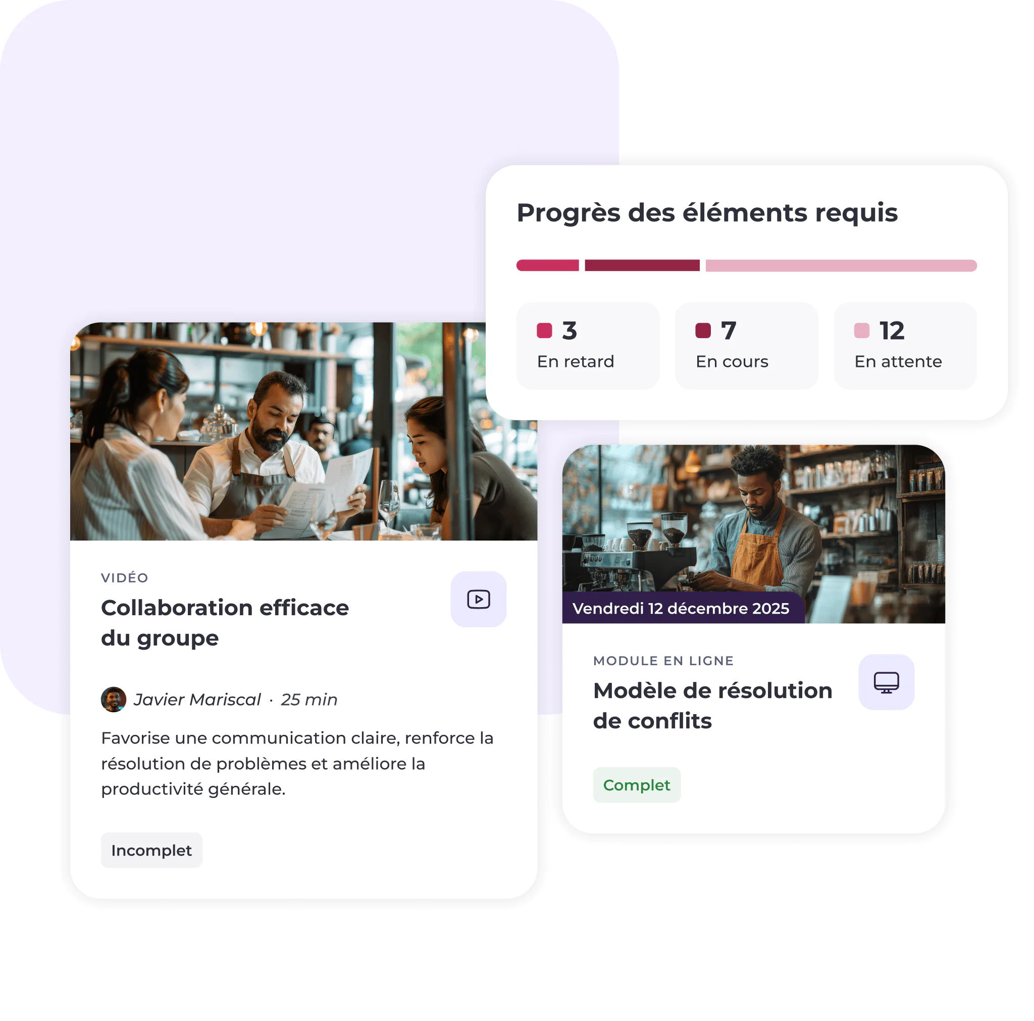 Trois fiches d'interface présentent le suivi de l'avancement et les modules de la formation : l'une consacrée à la collaboration en groupe, une autre à la résolution des conflits, et une barre récapitulative indiquant les statuts (3 en retard, 7 en cours, 12 terminés). Les photos montrent des personnes en train de travailler et de discuter.
