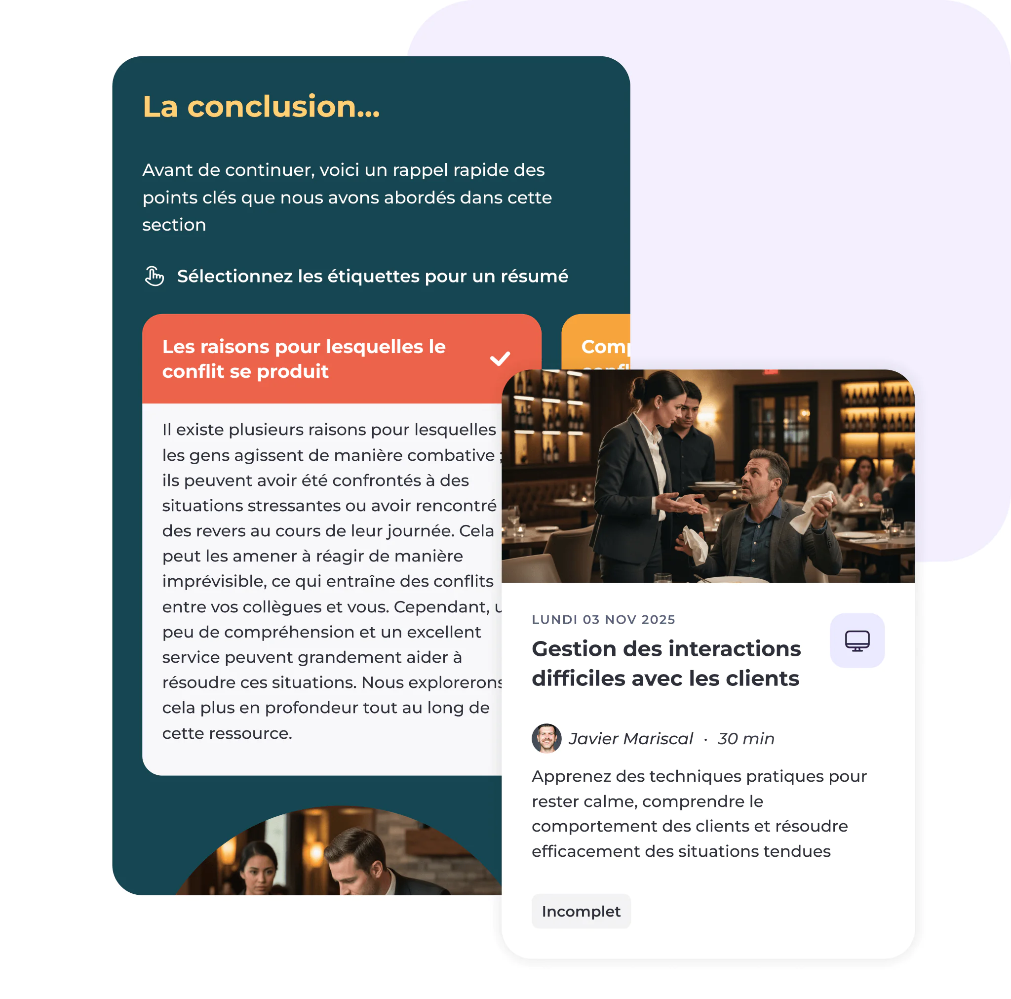 Une section récapitulative en français sur les causes des conflits, accompagnée d'une illustration représentant une carte mobile présentant une formation intitulée « Gestion des interactions difficiles avec les clients » par Javier Mariscal, mettant en scène une scène de restaurant.