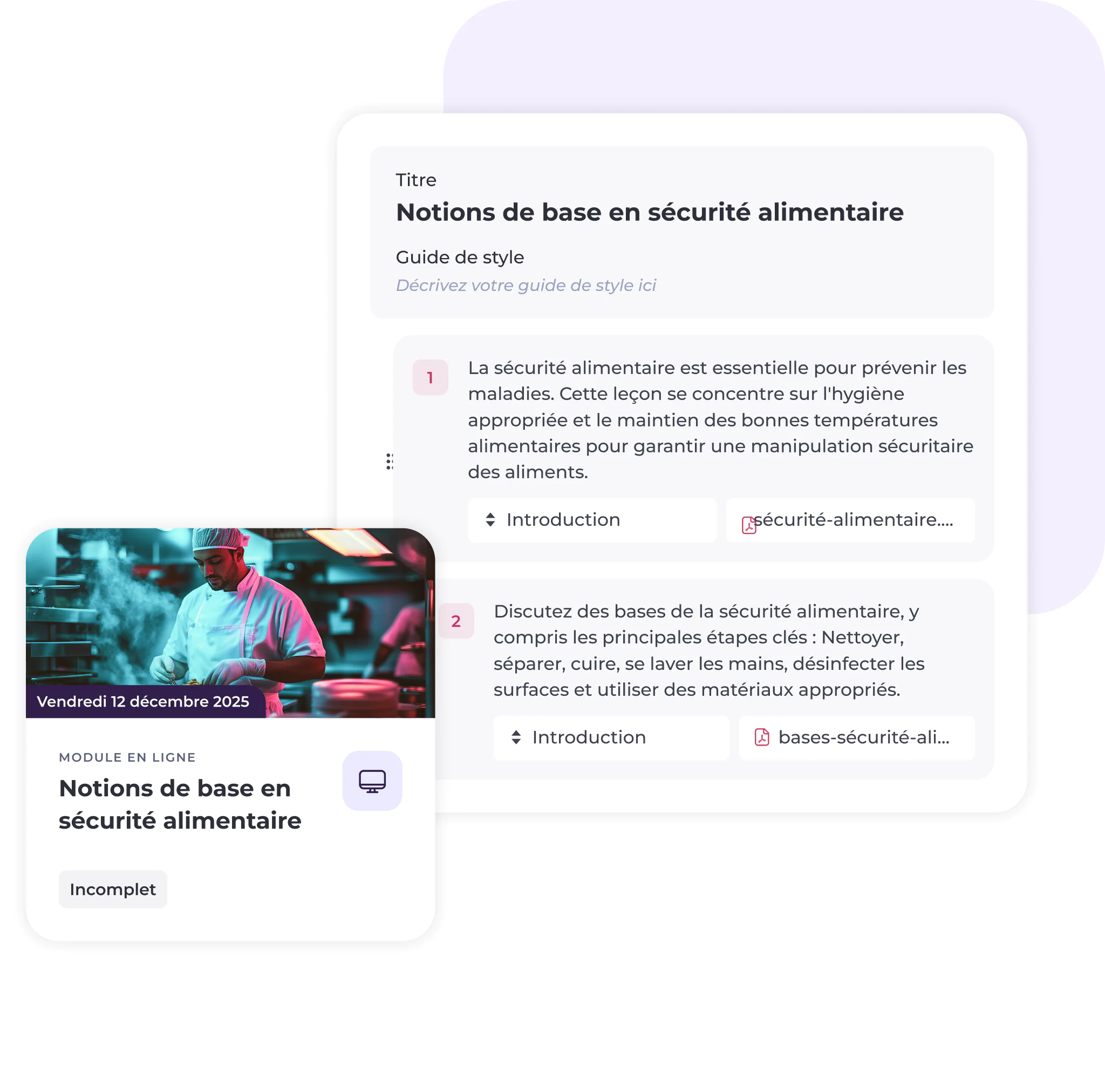 L'interface du cours en ligne « Notions de base en sécurité alimentaire » présente un chef en train de cuisiner ainsi qu'un plan de cours abordant des thèmes liés à la sécurité alimentaire et à l'hygiène, comprenant des introductions et des indicateurs de progression.