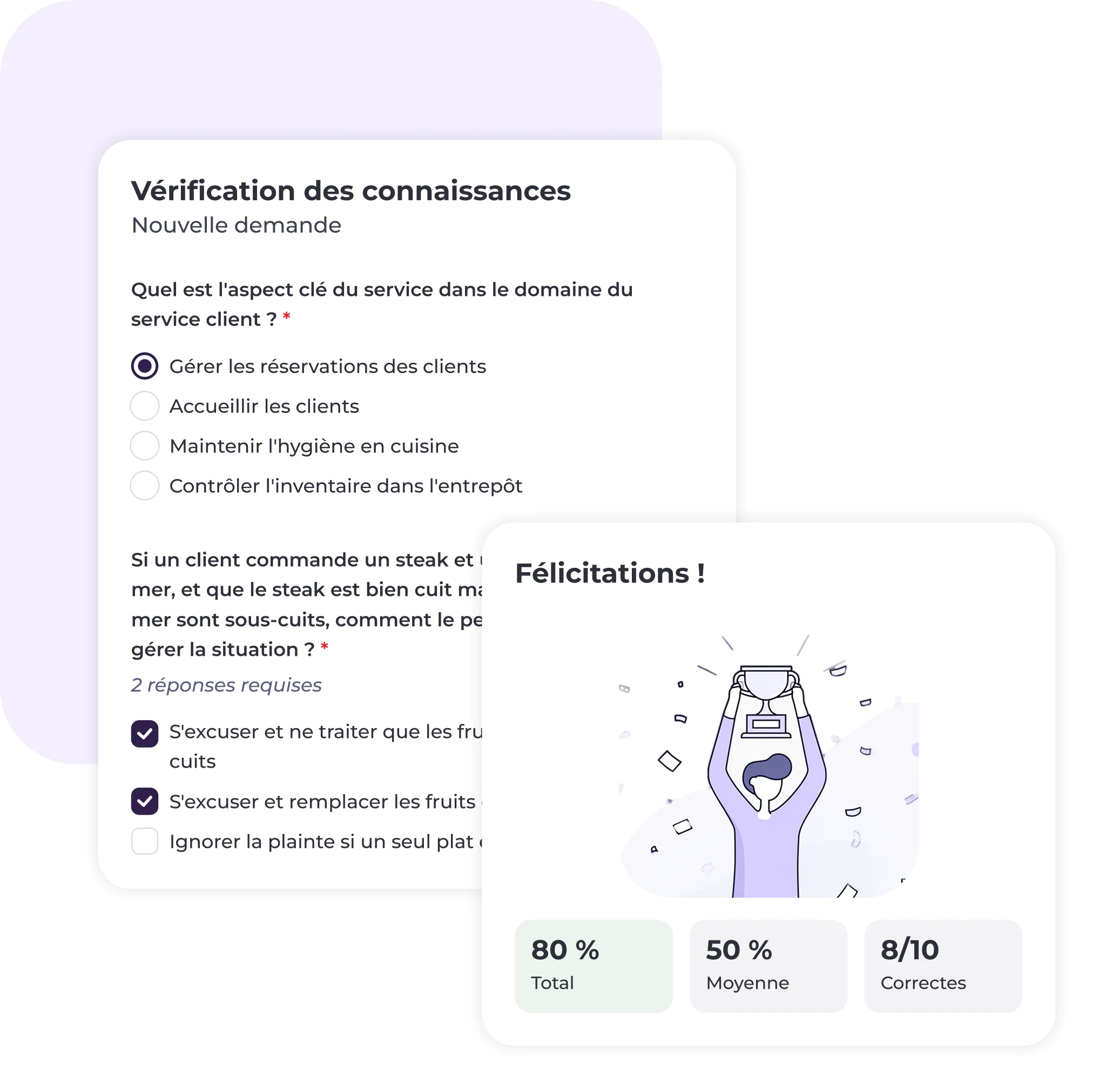 Deux cartes numériques qui se chevauchent : la première carte présente un quiz en français portant sur les connaissances en matière de service client, avec des réponses à choix multiples. La deuxième carte affiche un message de félicitations représentant une personne tenant un trophée, ainsi que les résultats du quiz, avec 8 bonnes réponses sur 10.