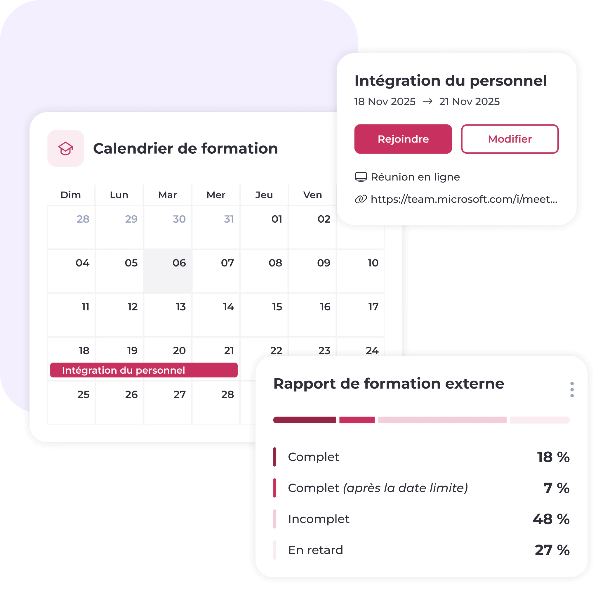Un tableau de bord de formation français affiche un calendrier mettant en avant la « formation d'intégration du personnel » prévue du 18 au 21 novembre 2025, avec les détails des réunions, ainsi qu'un rapport indiquant : 18 % en cours, 7 % terminées en retard, 48 % inachevées, 27 % en retard.
