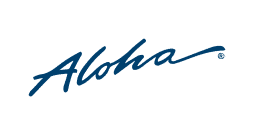 Blue cursive text spelling Aloha with a registered trade mark symbol on a light background.