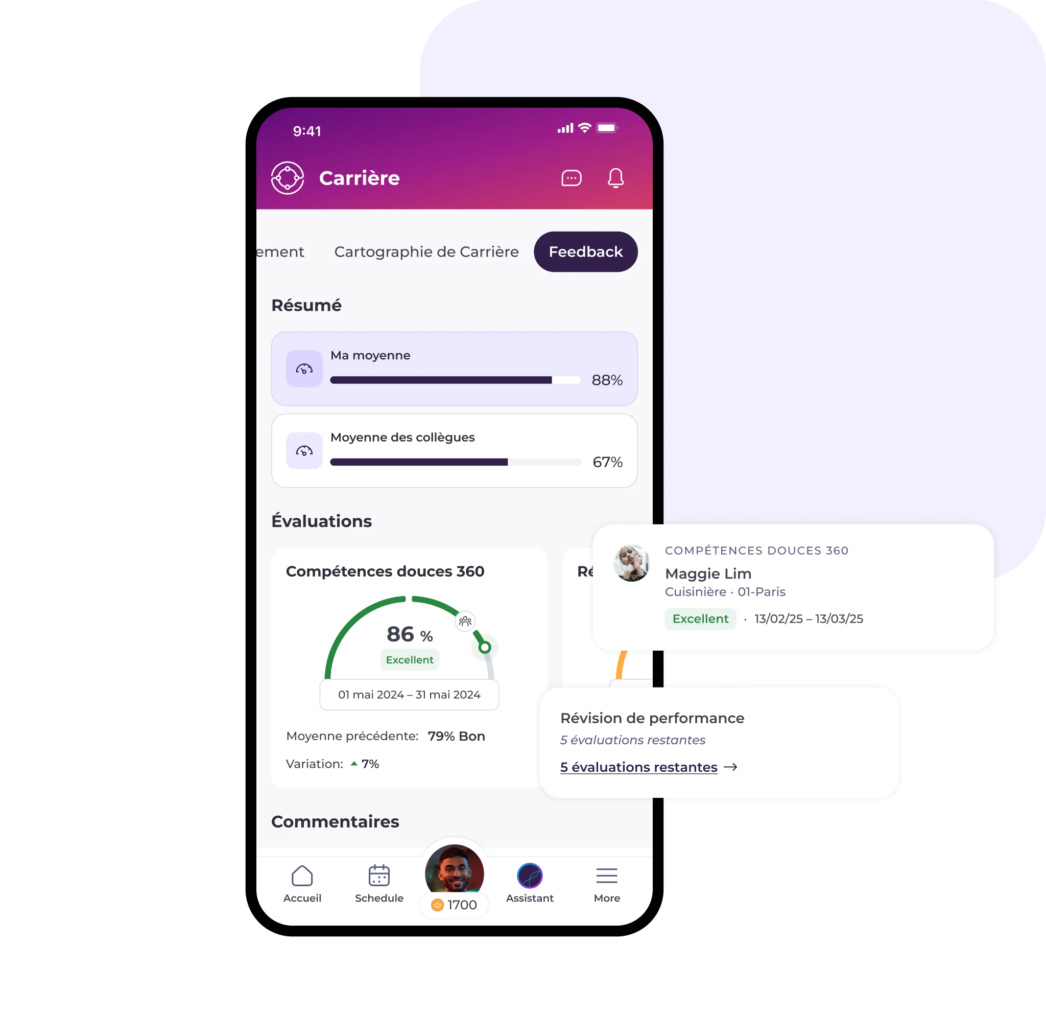 L'écran d'une application mobile affiche un tableau de bord de retour d'expérience professionnelle comprenant des indicateurs de performance, des notes d'évaluation et des commentaires. Conçue comme une application de communication interne destinée au secteur de la restauration et de l'hôtellerie, elle intègre une fenêtre contextuelle présentant une évaluation à 360° des compétences relationnelles, avec les notes et les informations sur les évaluateurs.