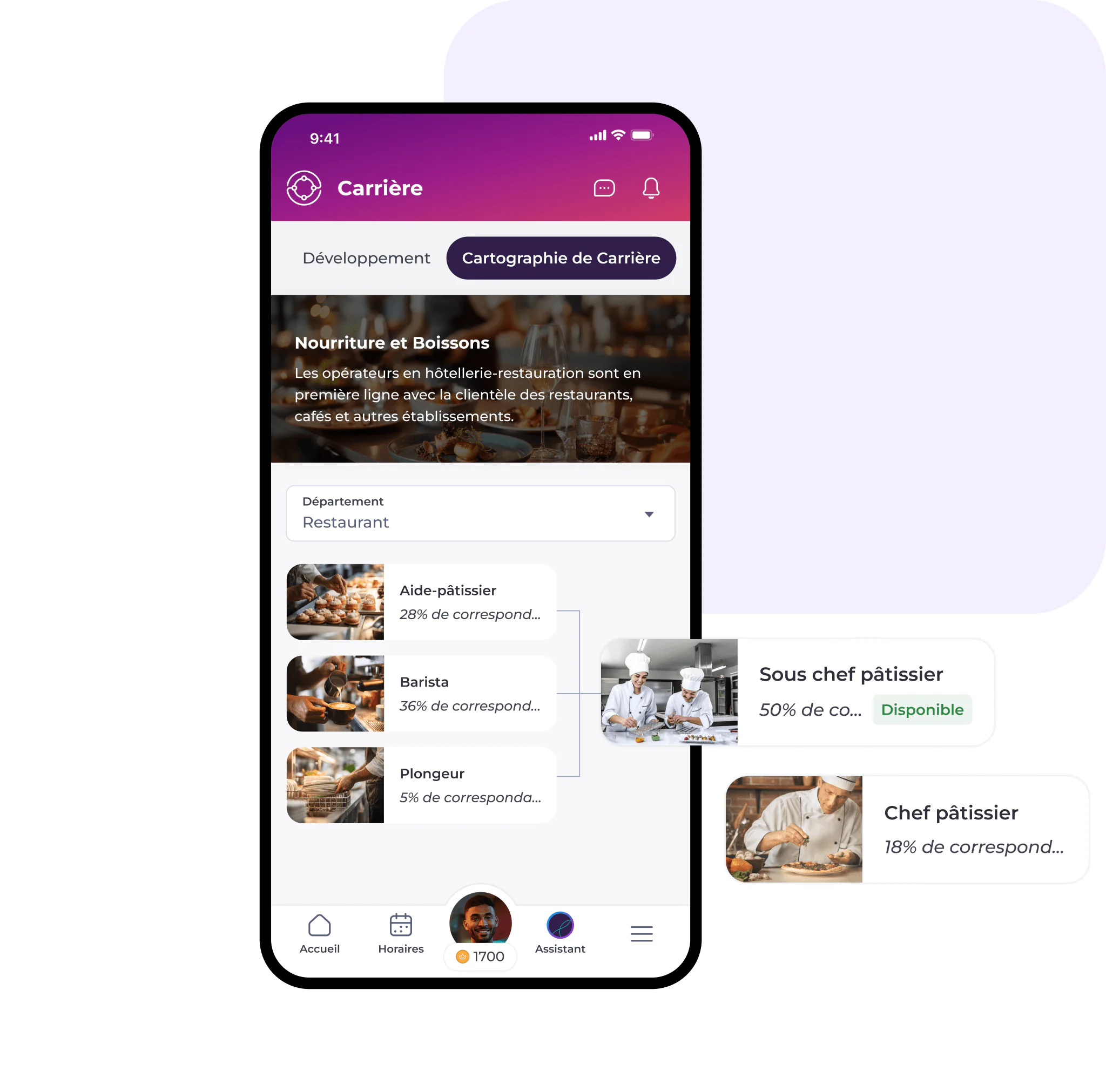 Un smartphone affiche une application d'orientation professionnelle en français, présentant des métiers du secteur de la restauration accompagnés de pourcentages correspondants et d'images — tels que « aide-pâtissier », « barista » et « sous-chef pâtissier » —, ainsi que des fonctionnalités inspirées d'une application de communication interne destinée au secteur de la restauration et de l'hôtellerie, visant à renforcer l'interaction au sein des équipes de ce secteur.