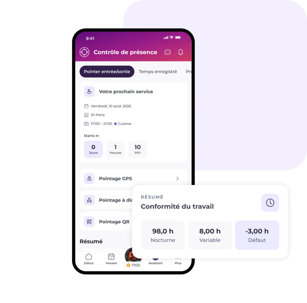 L'écran d'un smartphone affiche une application française de gestion des présences, conçue comme une application de communication interne pour le secteur de la restauration et de l'hôtellerie, présentant les détails des services, des options de localisation GPS et de pointage numérique, ainsi qu'un récapitulatif des heures de nuit travaillées, des heures variables et un solde par défaut de -3 heures.