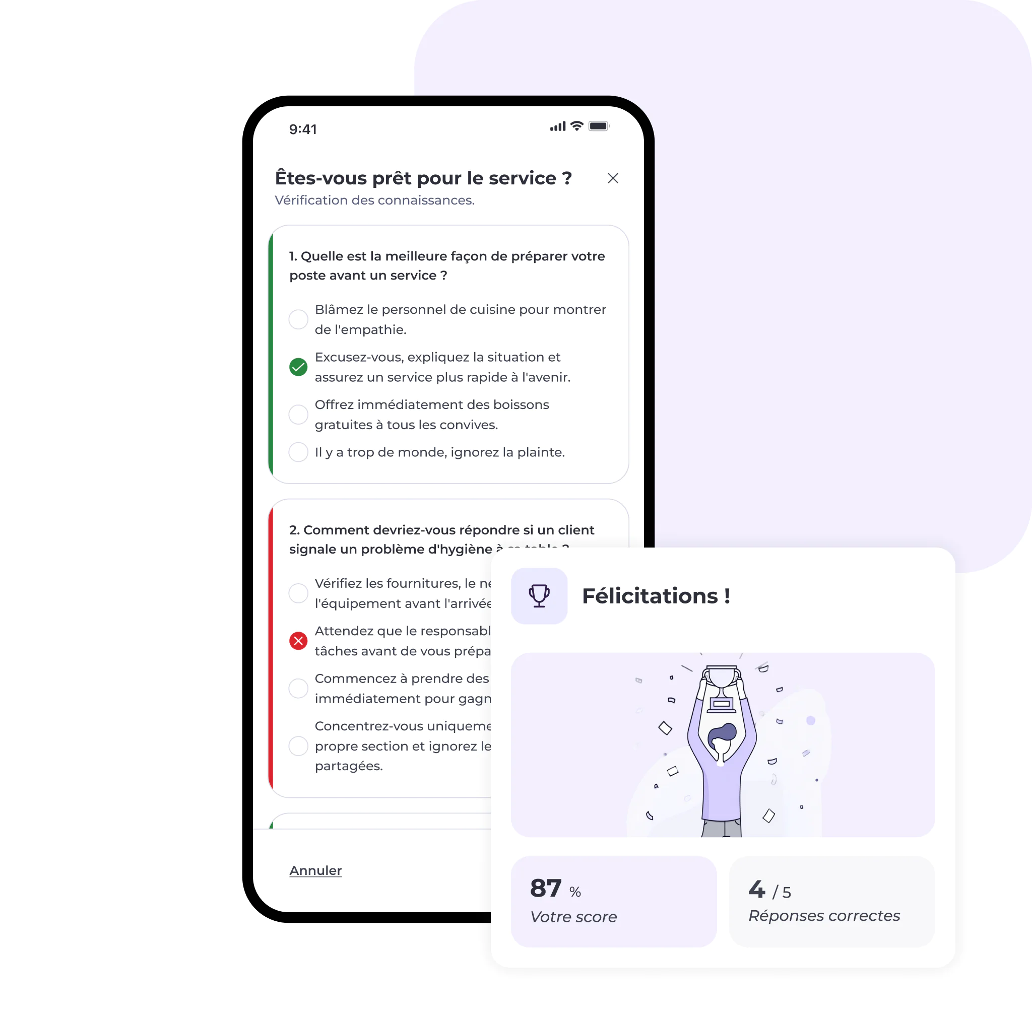 L'écran d'un téléphone affiche un quiz intitulé « Êtes-vous prêt pour le service ? » ainsi qu'une fiche de résultats présentant un trophée, un score de 87 % et 4 bonnes réponses sur 5. Le design épuré, dans des tons de violet et de blanc, met en valeur son intégration au sein d'une application de communication interne destinée au secteur de la restauration et de l'hôtellerie.