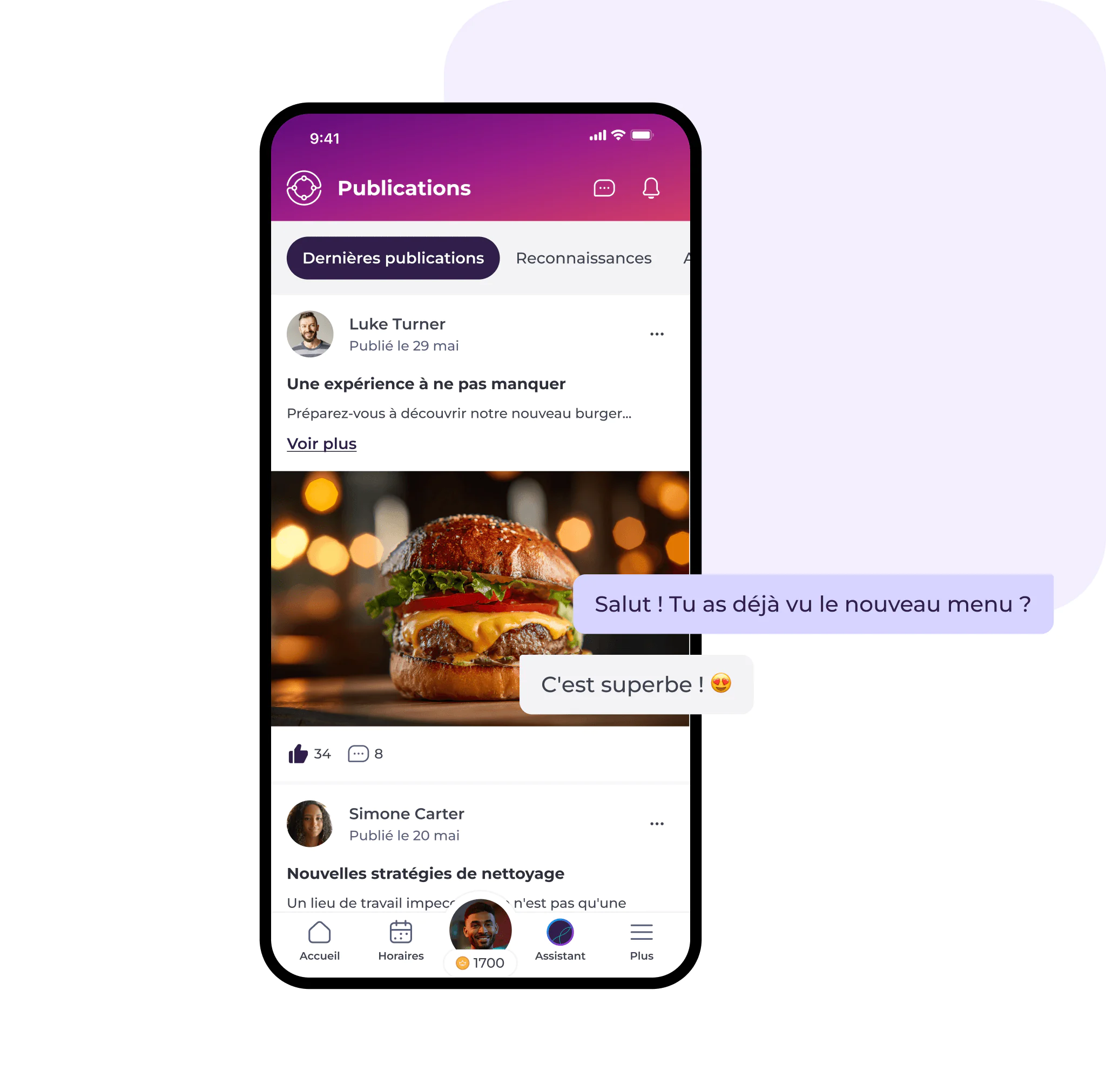 Un smartphone affiche une application de réseau social contenant des publications, qui rappelle une application de communication interne dans le secteur de la restauration et de l'hôtellerie. Une photo de hamburger apparaît dans l'une des publications. Des bulles de discussion indiquent : « Salut ! Tu as déjà vu le nouveau menu ? » et « C'est superbe ! », accompagnées d'un emoji représentant des cœurs à la place des yeux.