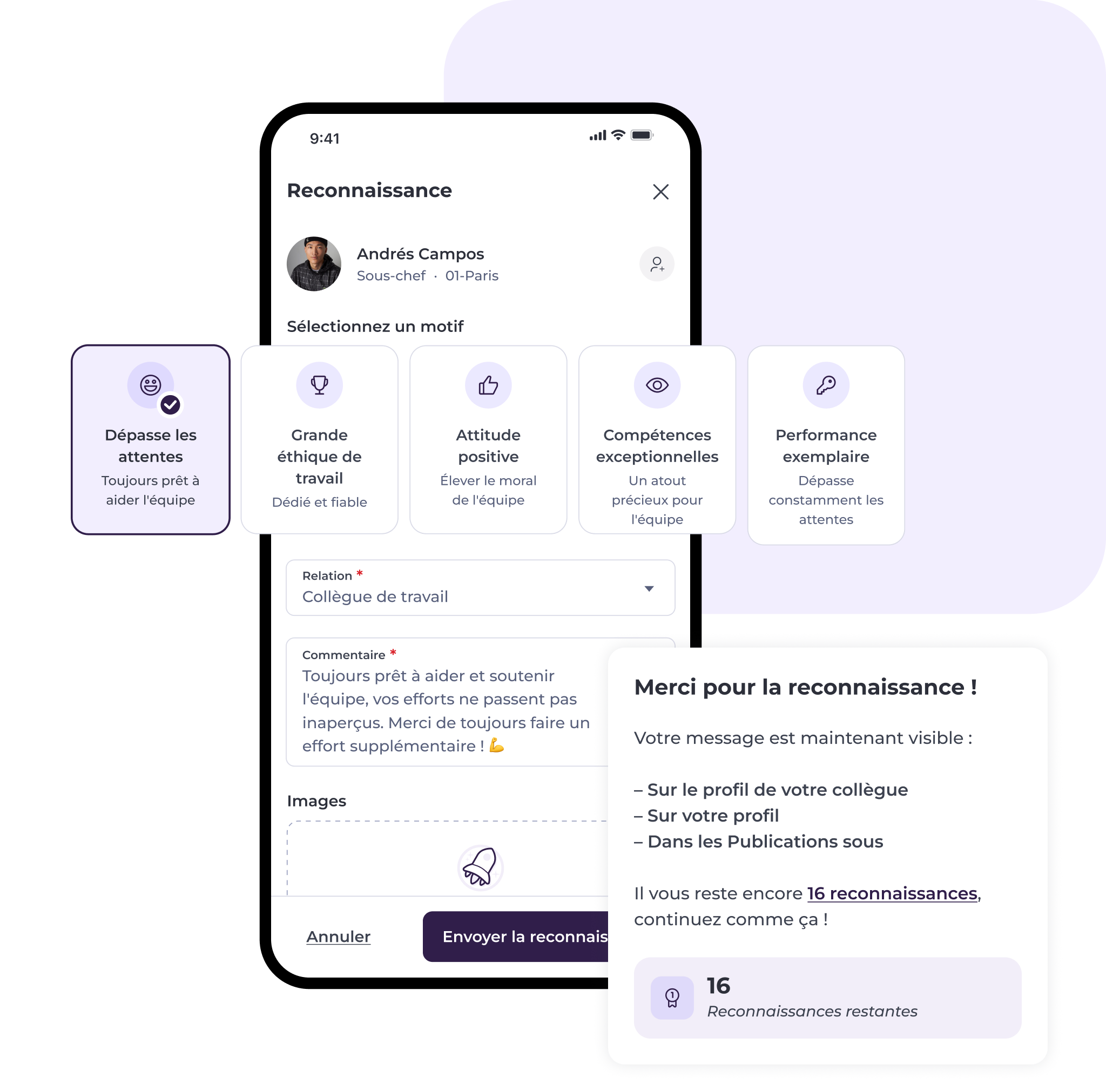 L'écran d'une application mobile dédiée à la communication interne dans le secteur de la restauration et de l'hôtellerie affiche un message de reconnaissance destiné à un collègue, proposant des options pour sélectionner les motifs de reconnaissance ainsi qu'une fenêtre contextuelle de confirmation indiquant qu'il reste 16 reconnaissances.