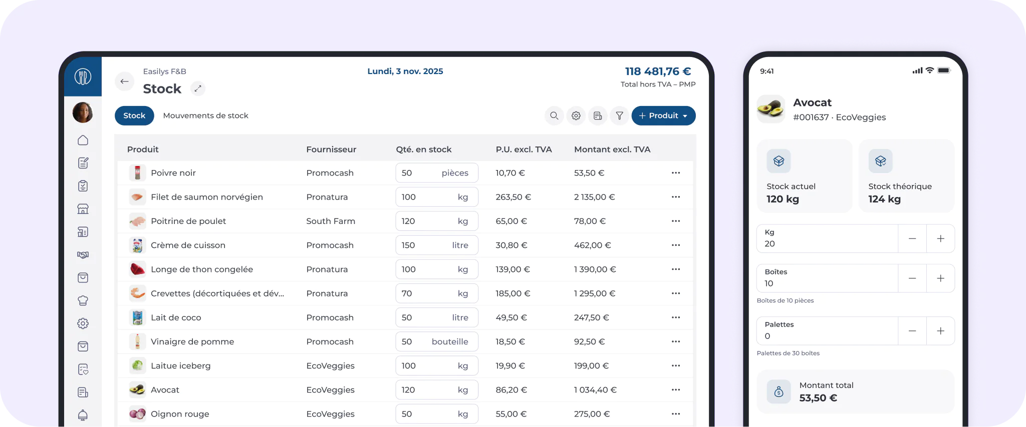 Une tablette et un smartphone affichent une application de gestion des stocks présentant, sur la tablette, une liste des articles avec les noms des produits, les fournisseurs, les quantités, les unités et les montants, et, sur l'écran du smartphone, des informations détaillées sur les avocats, notamment les stocks théoriques et réels.