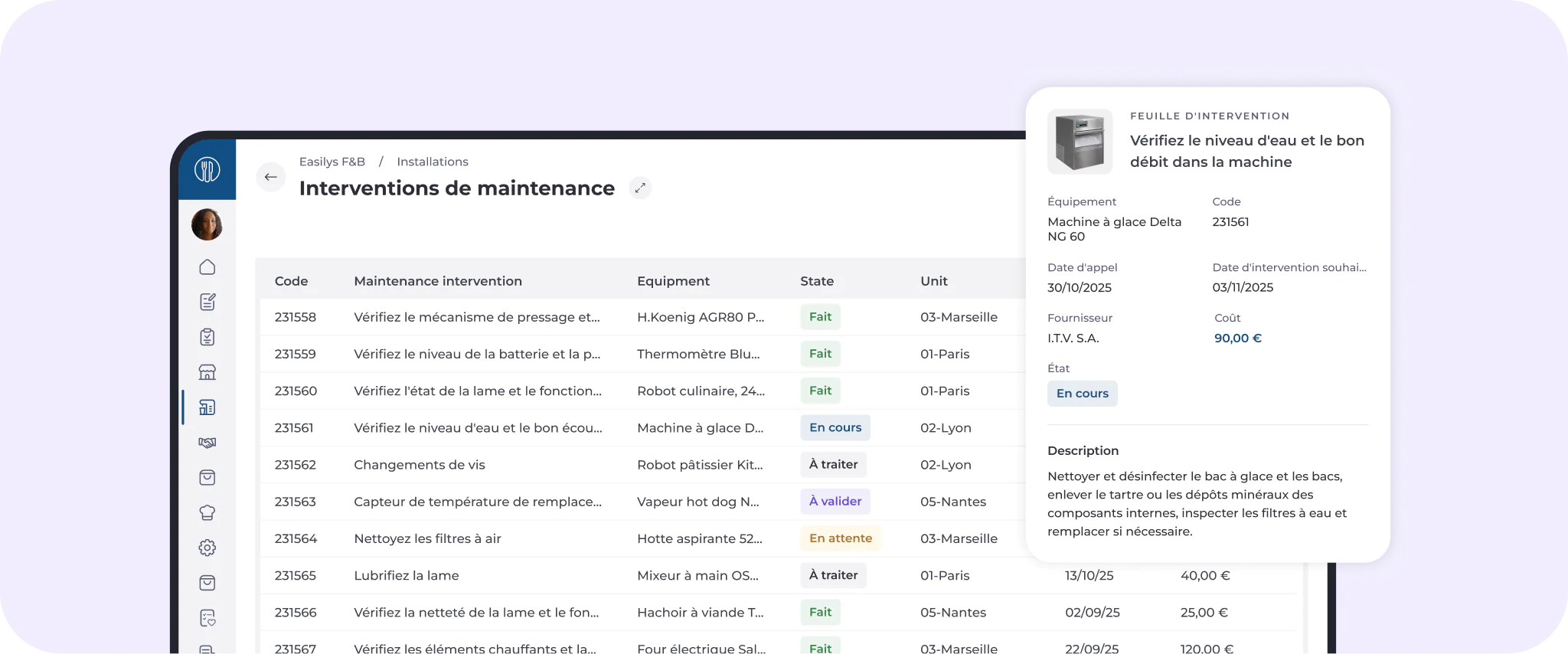 L'écran d'un ordinateur affiche un tableau de bord de maintenance en français, présentant une liste d'interventions accompagnées d'informations telles que le statut, l'équipement concerné et des commentaires. Une fenêtre contextuelle située à droite fournit des informations détaillées sur la tâche de maintenance sélectionnée.