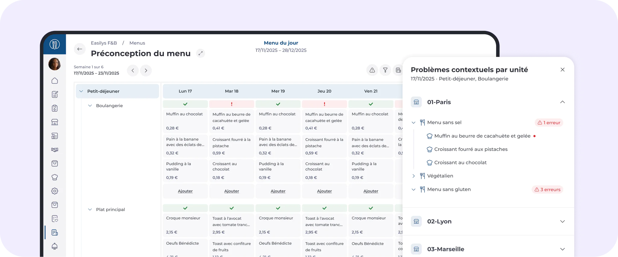 Une interface numérique de planification des menus, en français, affiche un programme hebdomadaire des petits-déjeuners ainsi qu'une barre latérale répertoriant les enjeux contextuels propres à différentes villes. L'interface comprend des tableaux, des cases à cocher et des icônes d'avertissement.
