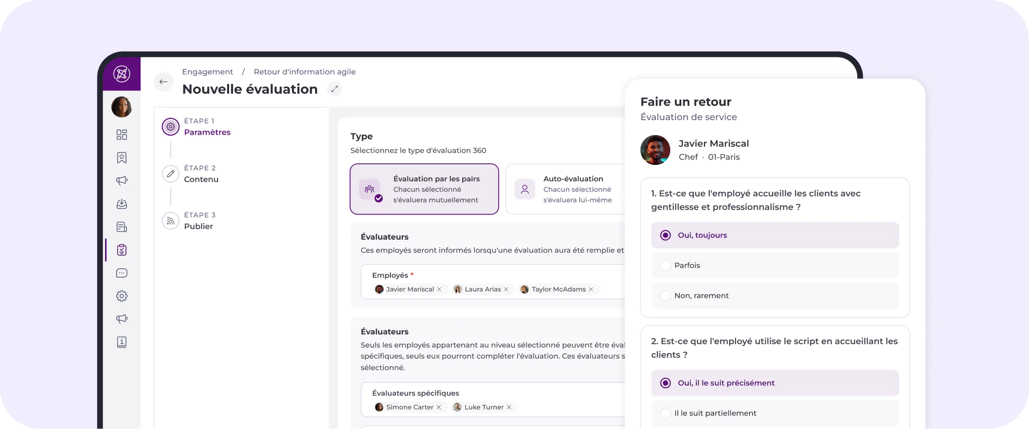 Une interface numérique affiche un formulaire d'évaluation des salariés en français, comprenant des rubriques consacrées au type d'évaluation, aux évaluateurs et à un questionnaire de satisfaction sur le service, avec des réponses à sélectionner.