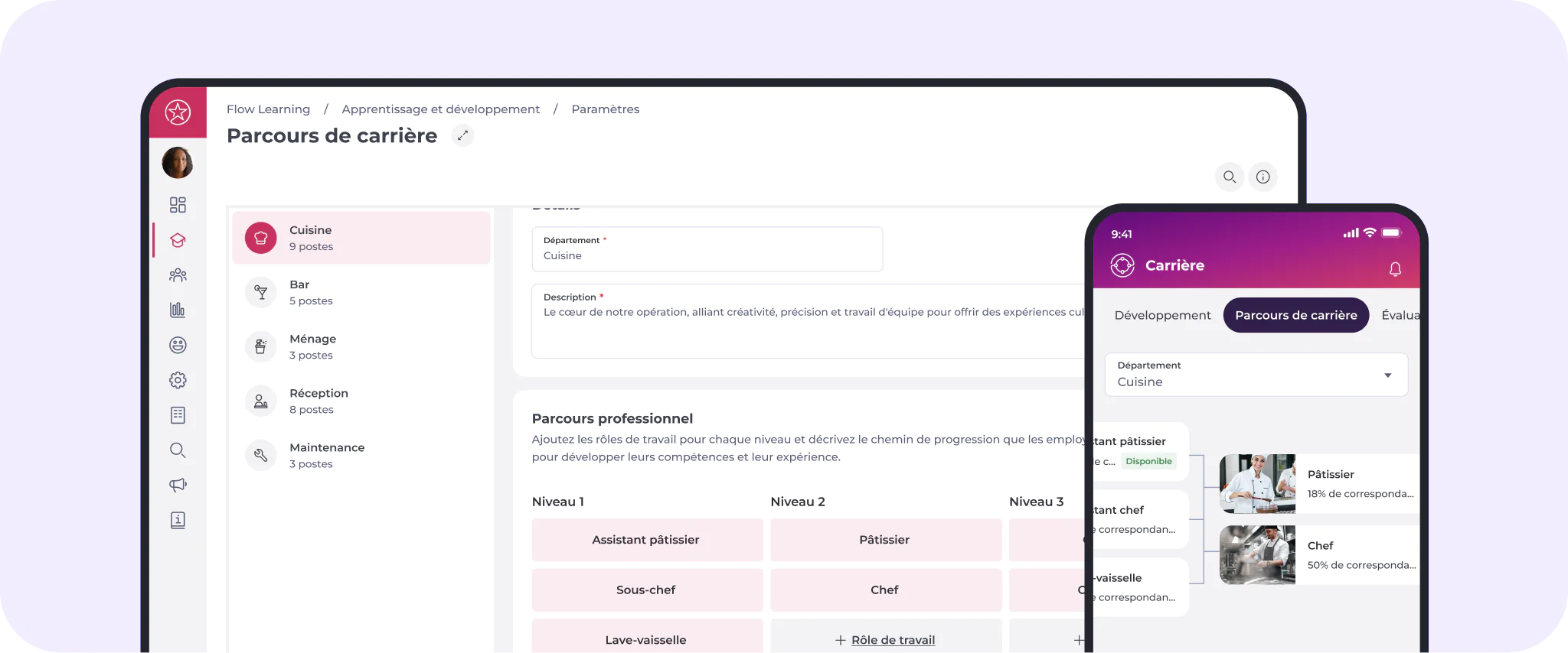 Un écran d'ordinateur et un écran mobile affichent une interface dédiée à l'évolution de carrière en français, présentant des postes dans le domaine culinaire, avec des rubriques consacrées aux différents métiers et des menus de navigation situés à gauche et en haut de l'écran.