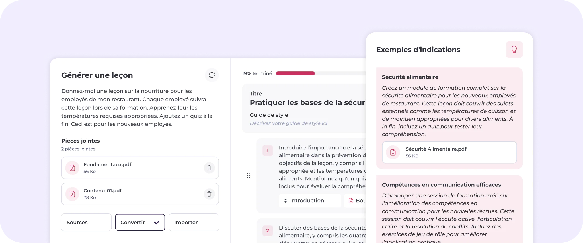 L'interface d'un site web présente un outil de création de cours comprenant des sections dédiées aux pièces jointes, à l'avancement des cours et à des exemples de thèmes de cours, tels que la sécurité alimentaire et les compétences en communication, affichées aussi bien sur la version pour ordinateur que sur la version mobile.