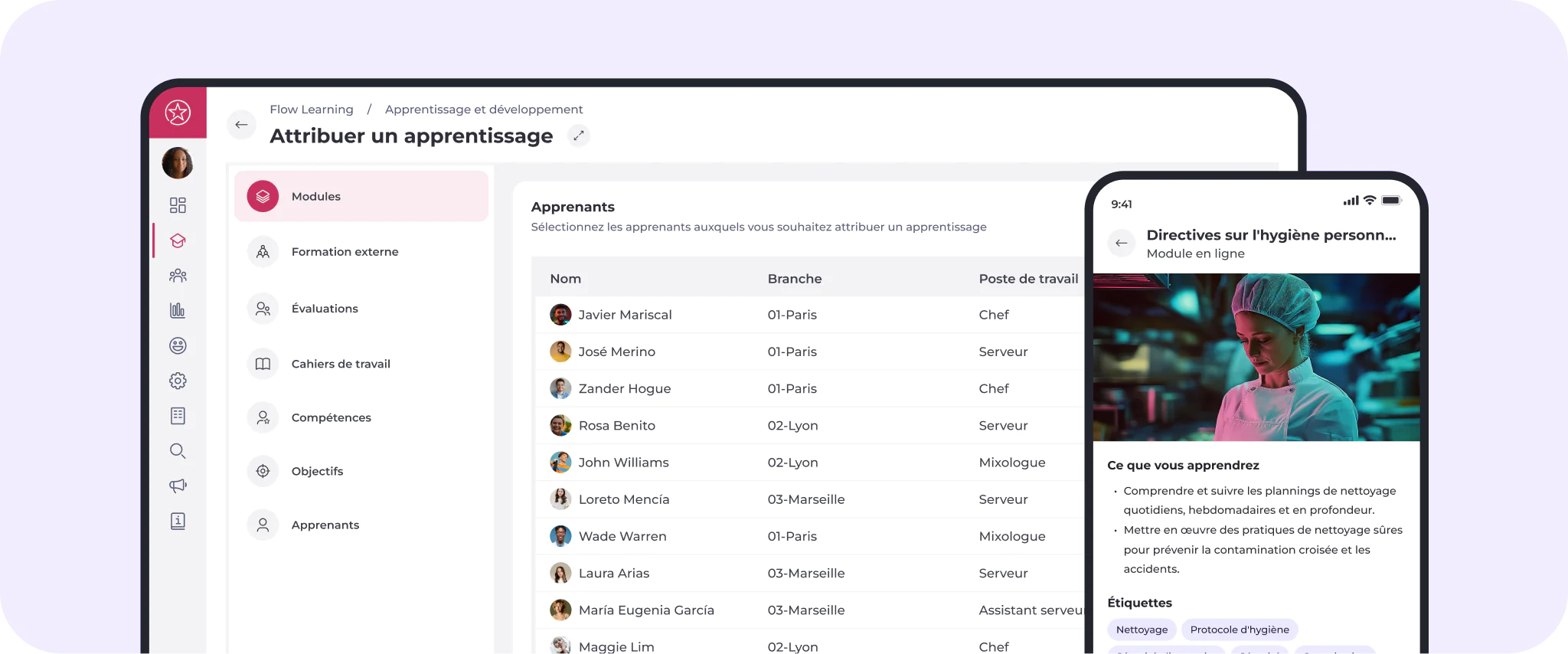 Un ordinateur portable et un smartphone affichent une plateforme d'apprentissage en milieu professionnel en français. L'ordinateur portable présente une liste d'apprenants et de modules, tandis que le téléphone affiche les détails d'un module de formation à l'hygiène mettant en scène un chef de cuisine dans une cuisine.