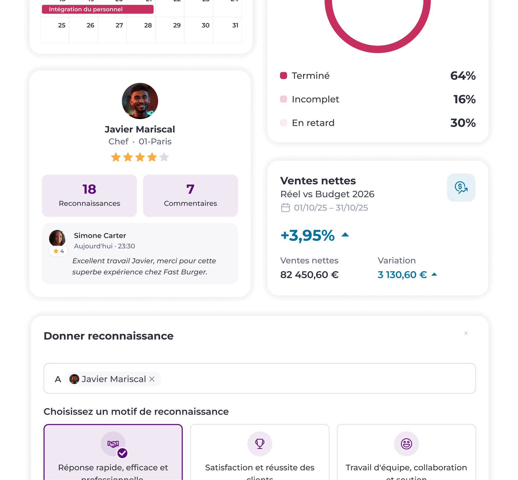 Tableau de bord en français présentant les distinctions décernées aux collaborateurs. Il comprend le profil de Javier Mariscal, les distinctions attribuées par Simone Carter, des données sur le chiffre d'affaires net, ainsi que des options permettant de donner son avis, le tout illustré par des icônes colorées et des statistiques.