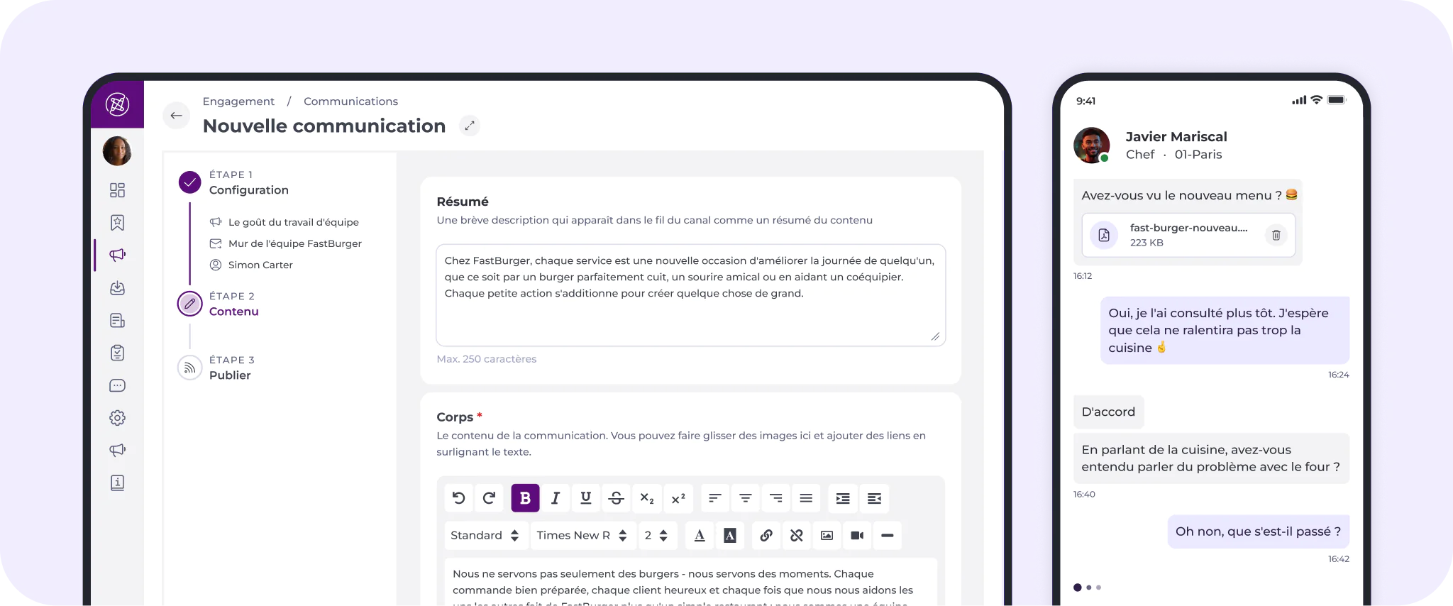 Capture d'écran présentant un tableau de bord web permettant de créer de nouveaux messages, avec des outils d'édition de texte à gauche et une interface de chat mobile à droite affichant une conversation en français.
