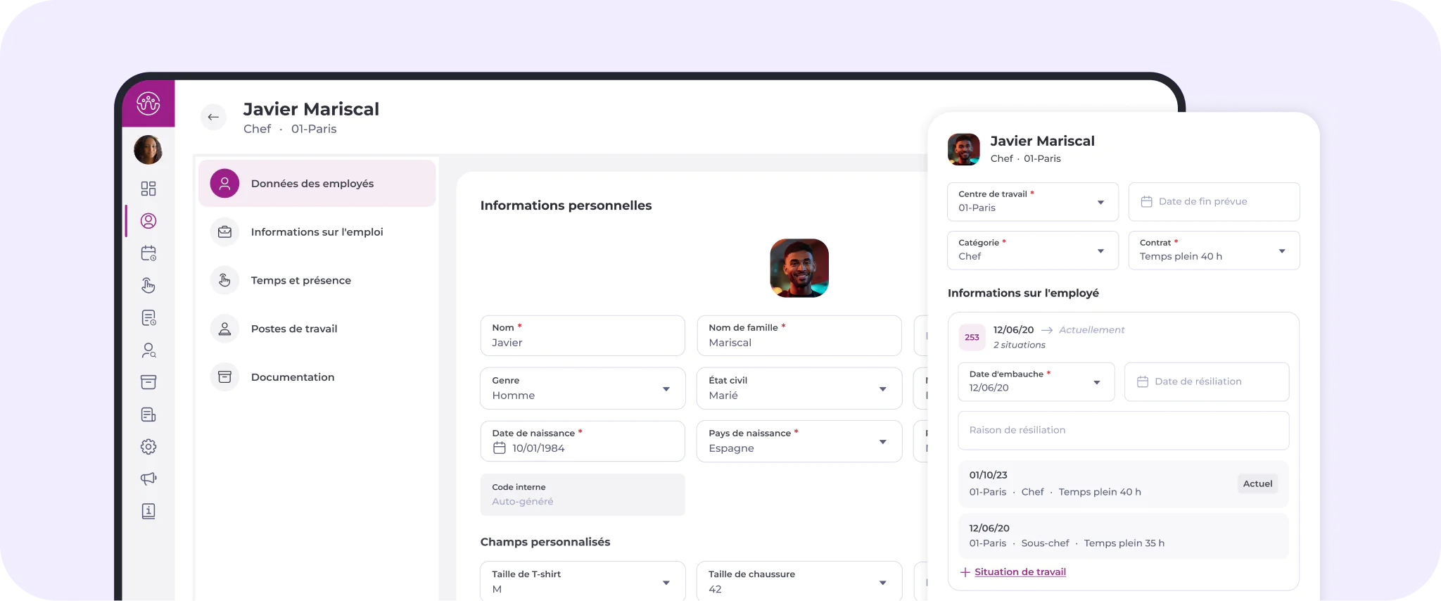 Un tableau de bord numérique affiche le profil de l'employé Javier Mariscal, comprenant des rubriques consacrées aux informations personnelles, aux détails du poste et au statut professionnel, le tout s'affichant en français aussi bien sur les tablettes que sur les téléphones portables.