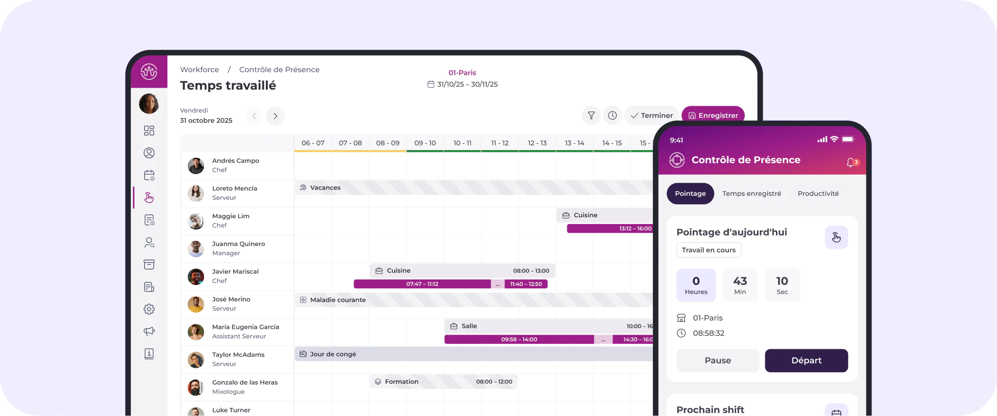 Un tableau de bord numérique affiche l'emploi du temps et le registre de présence d'un salarié sur une tablette et un smartphone. L'interface présente les noms, les fonctions et les horaires, avec un code couleur pour distinguer les quarts de travail et les pauses déjeuner.