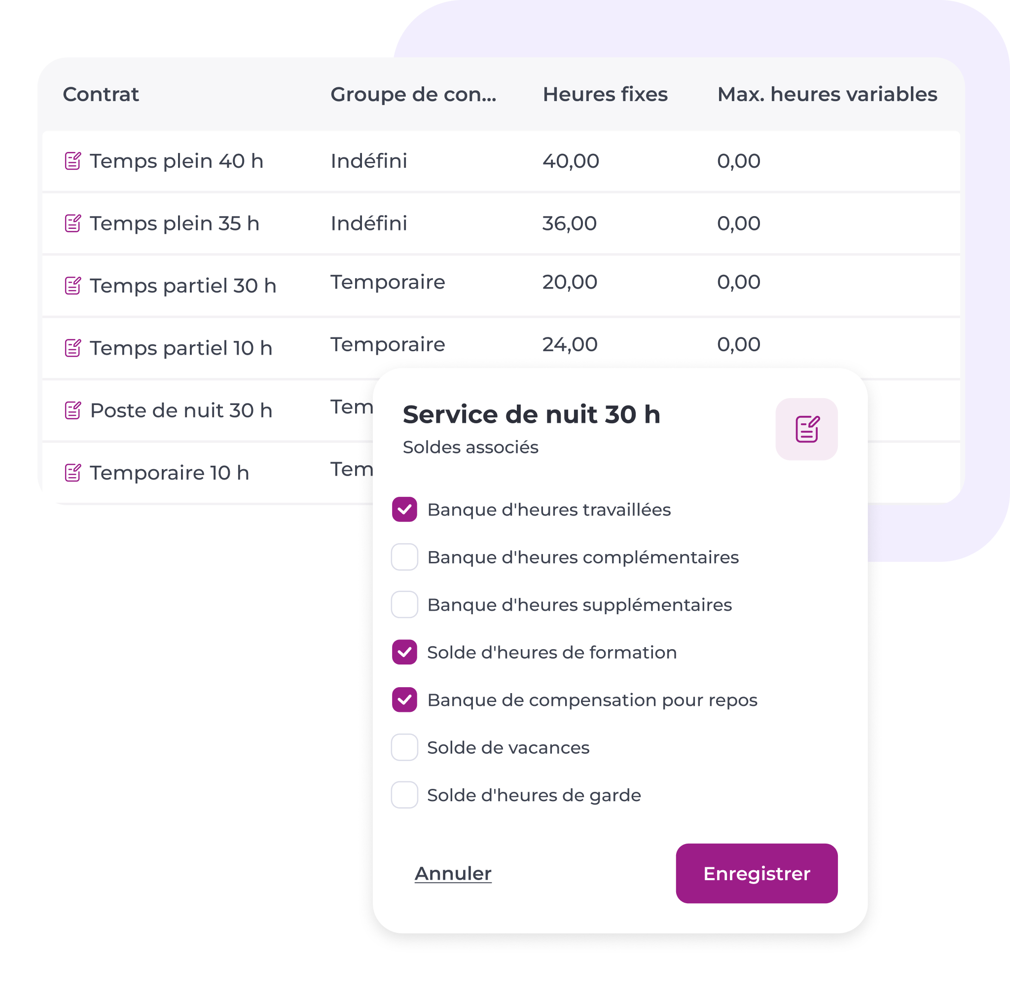 Un tableau répertorie différents contrats de travail, avec des colonnes indiquant le type de contrat, la durée, les heures fixes et le nombre maximal d'heures variables. Une fenêtre contextuelle propose des options permettant de sélectionner différents « banques d'heures » pour un service de nuit de 30 heures.
