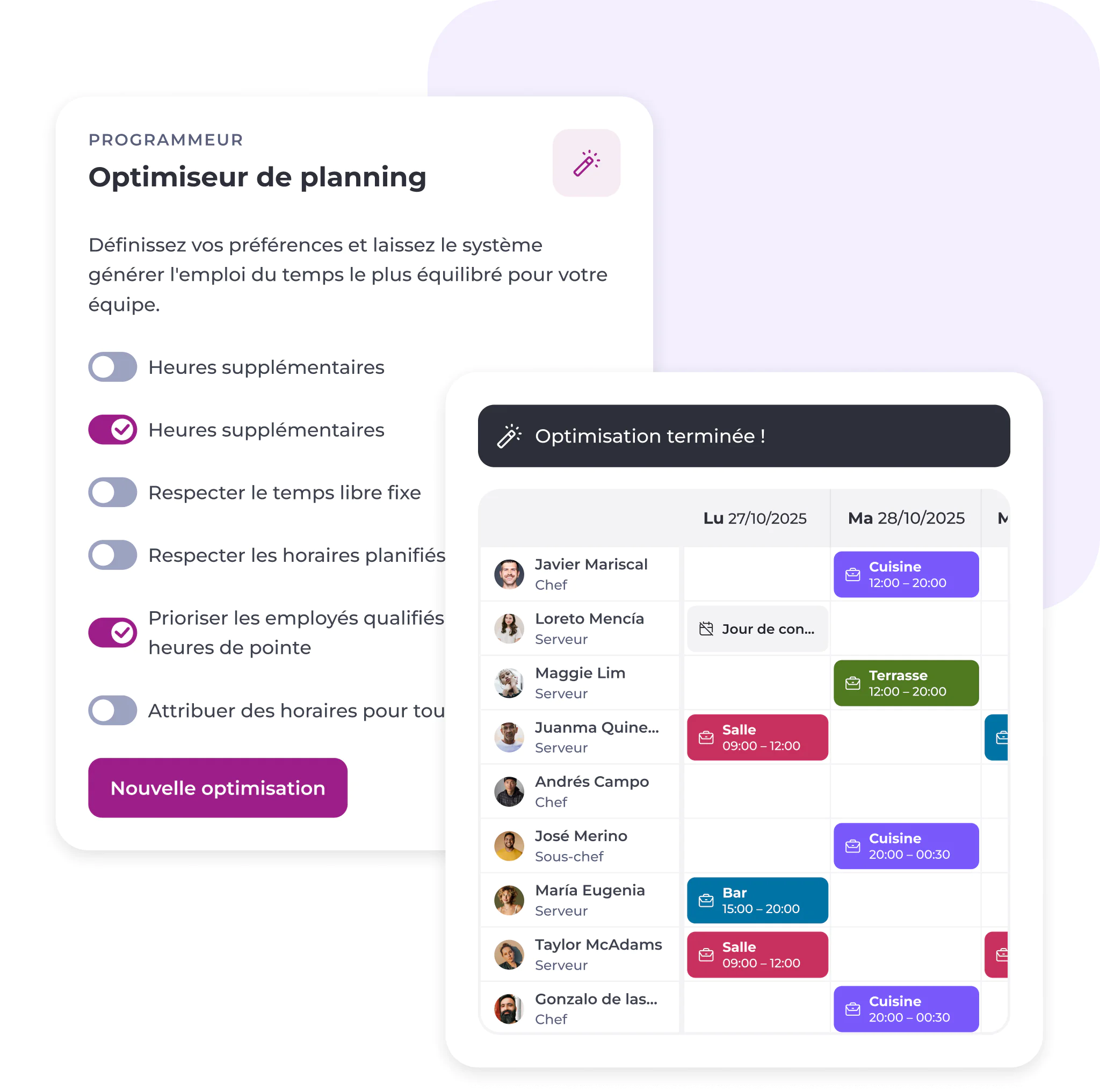Interface d'une application de planification affichant, à gauche, les options de planification (telles que les heures supplémentaires et les horaires à temps partiel) et, à droite, l'emploi du temps hebdomadaire du personnel, avec les employés affectés à différents postes et des quarts de travail identifiés par des couleurs.