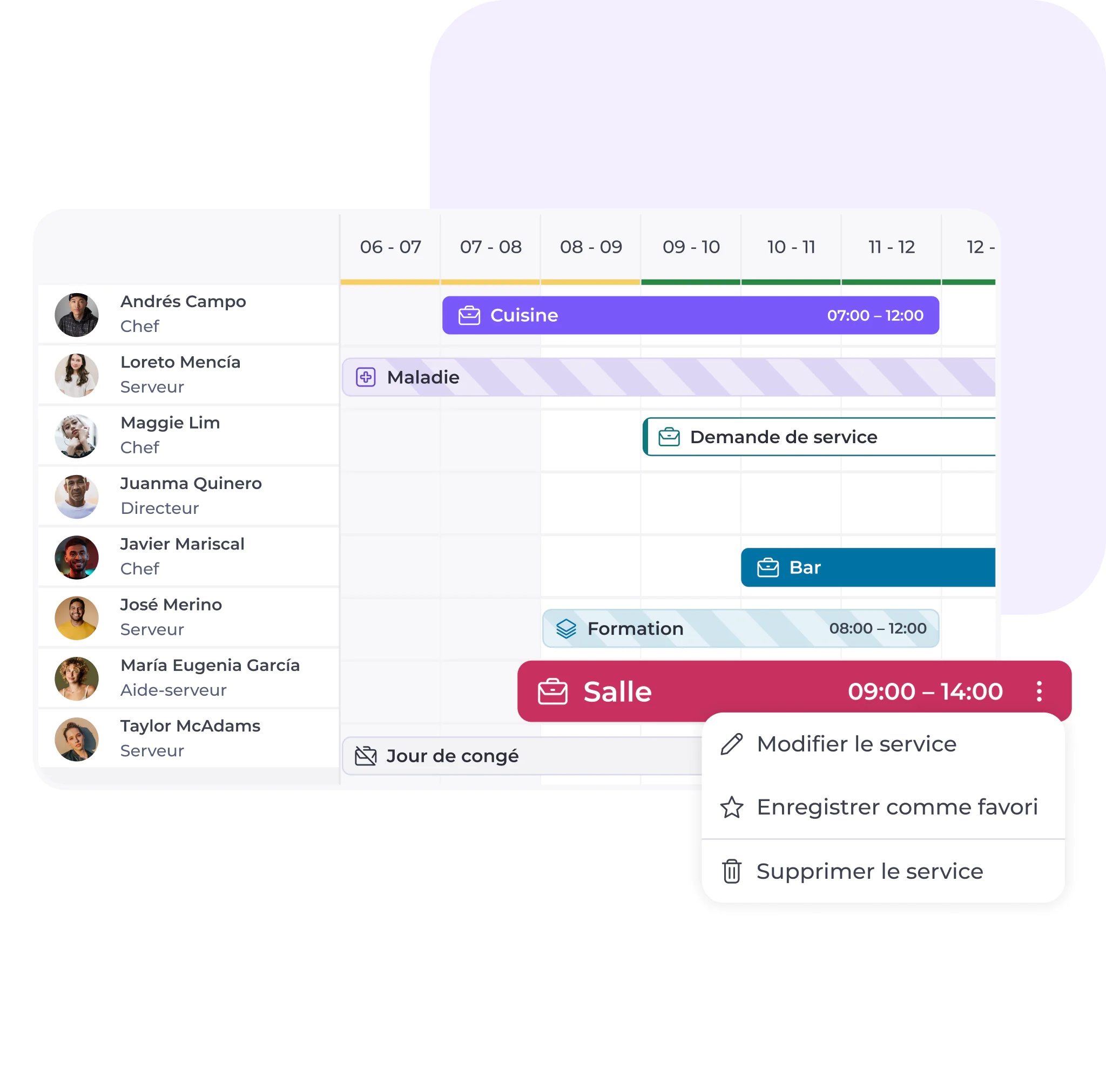 Une interface de planification numérique affiche l'emploi du temps hebdomadaire du personnel, avec les services classés par nom et par fonction. Un menu correspondant à un service en salle est ouvert et propose des options permettant de modifier, d'enregistrer dans les favoris ou de supprimer ce service.
