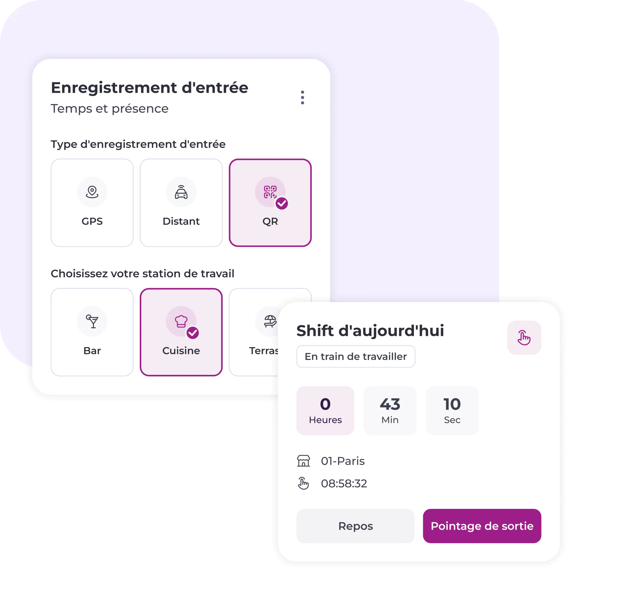 Capture d'écran d'une application française de gestion des présences au travail proposant des options pour enregistrer le type d'arrivée (GPS, à distance, QR) et le lieu de travail (bar, cuisine, terrasse). Un compteur de service affiche 43 minutes et 10 secondes travaillées, avec un bouton permettant de pointer la fin de service.