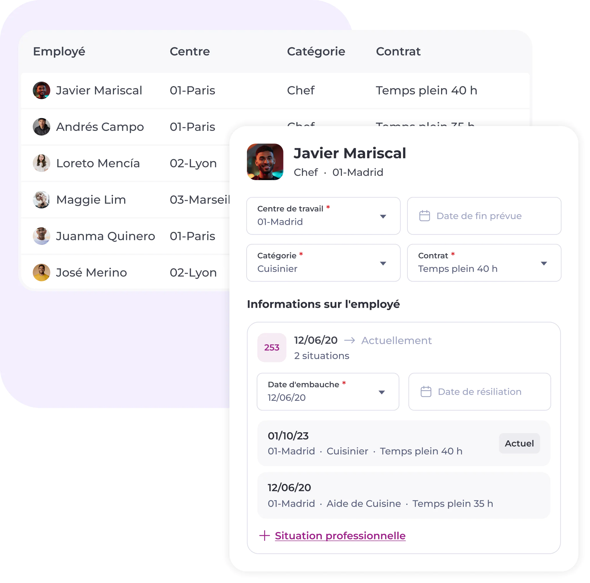 Une interface utilisateur affiche la liste des employés, avec leur nom, leur lieu de travail, leur fonction et les détails de leur contrat. La fiche de profil de Javier Mariscal est ouverte et indique sa catégorie professionnelle, son centre d'affectation, le type de contrat et son parcours professionnel.