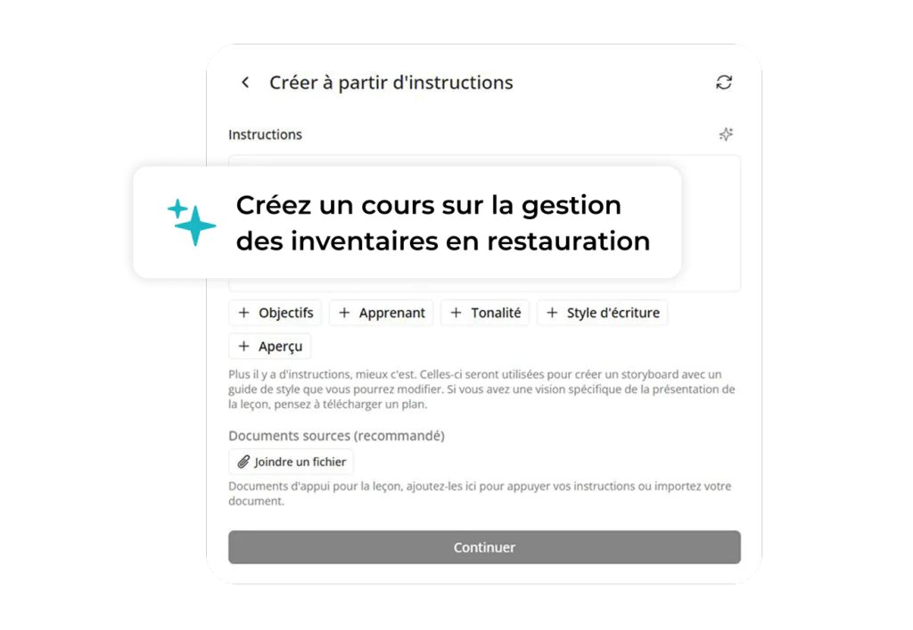 Interface en français permettant de créer un cours en ligne ; une bulle met en avant le texte : « Créez un cours sur la gestion des stocks dans la restauration ». Plusieurs options de configuration sont visibles.